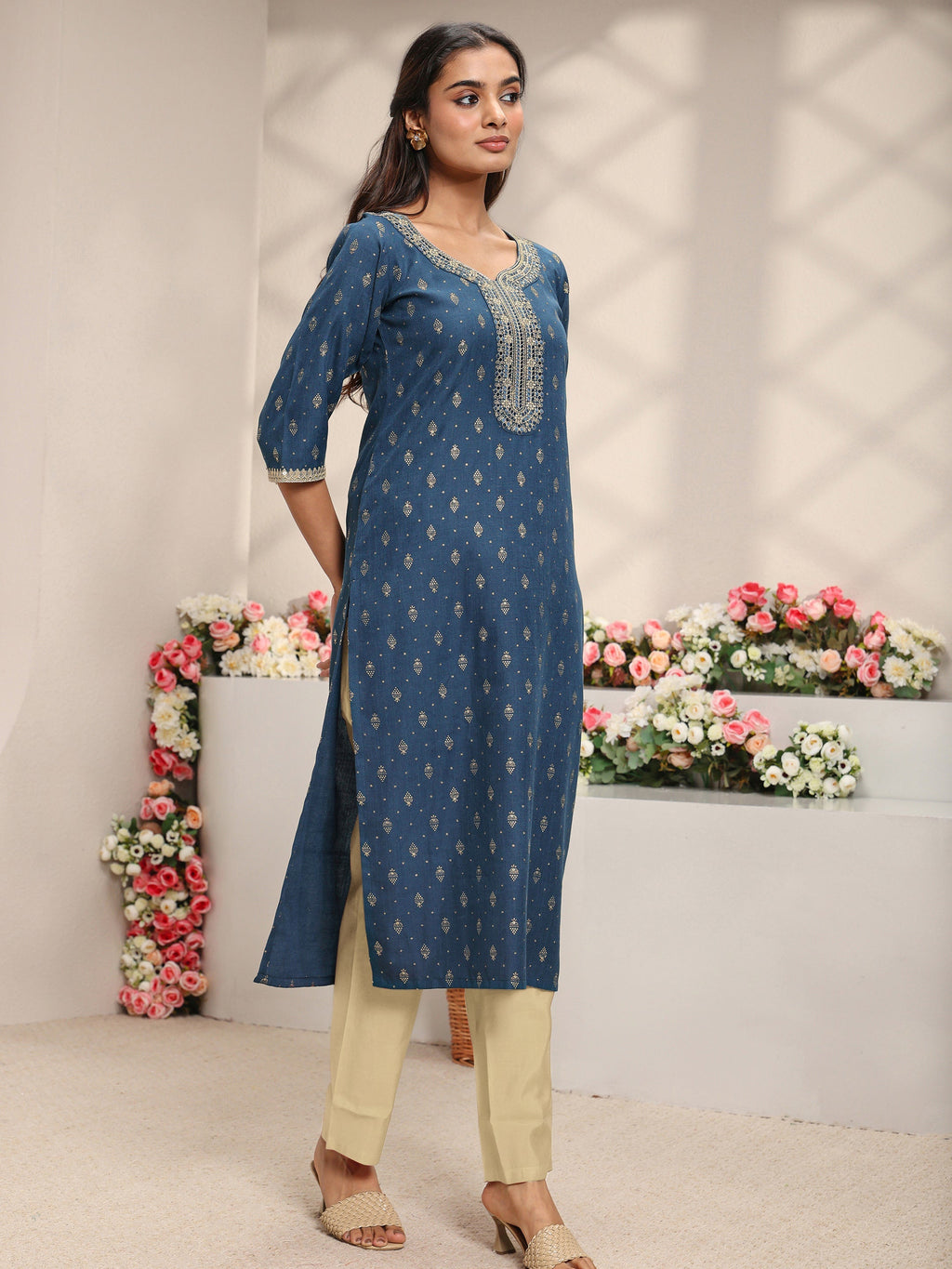 Libas Blue Ethnic Motifs Printed Cotton Blend Straight Kurta