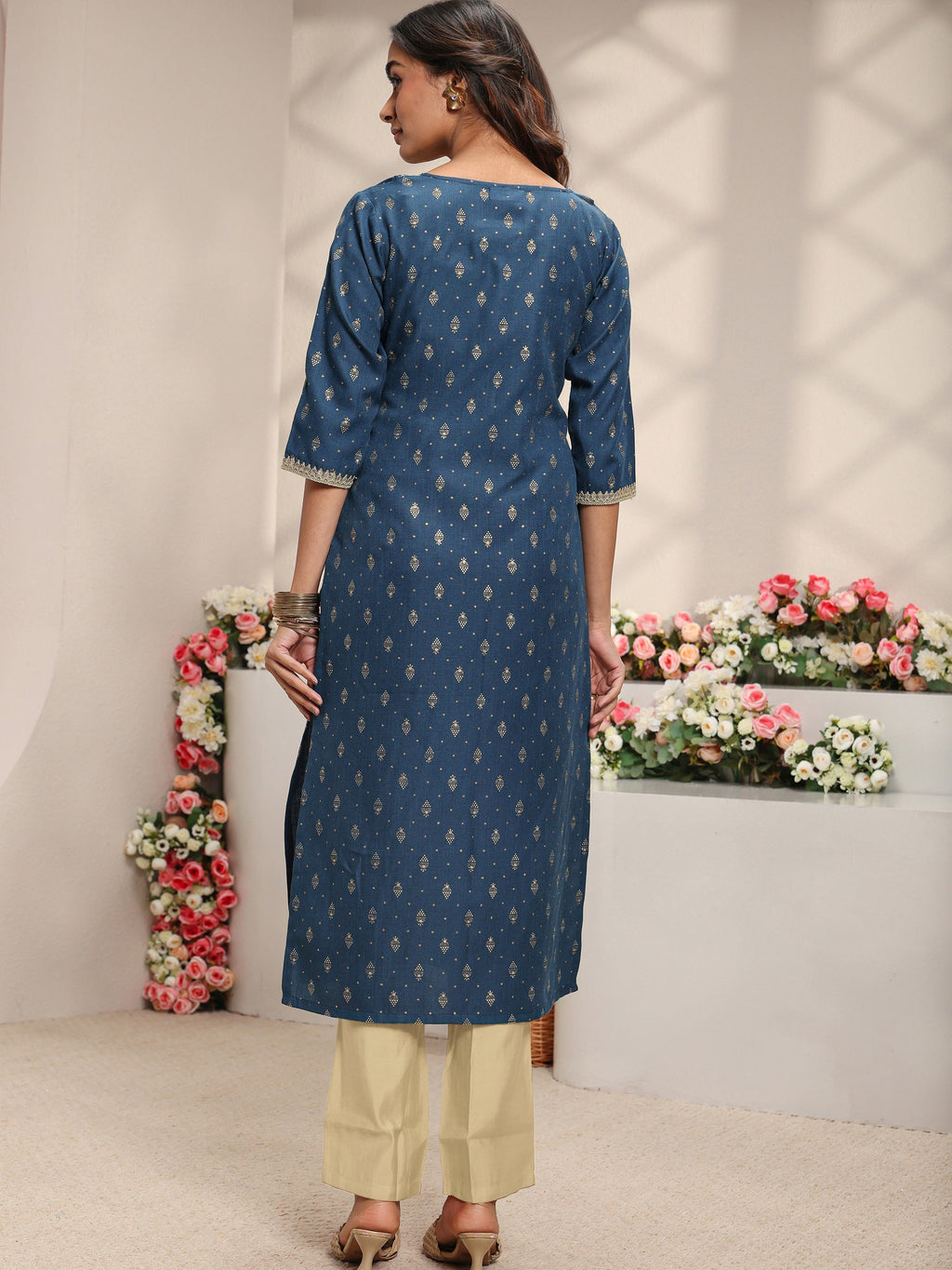 Libas Blue Ethnic Motifs Printed Cotton Blend Straight Kurta