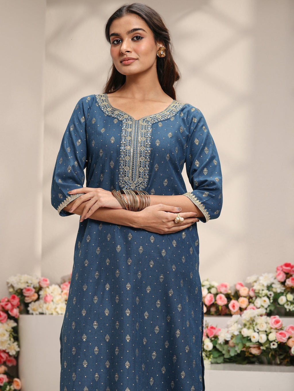 Libas Blue Ethnic Motifs Printed Cotton Blend Straight Kurta