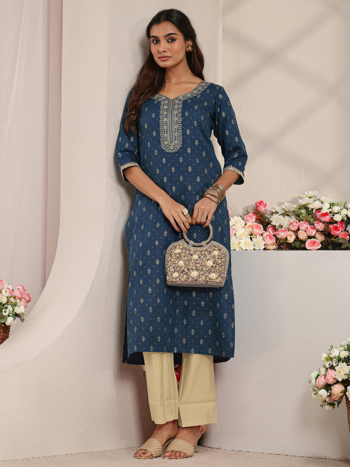 Libas Blue Ethnic Motifs Printed Cotton Blend Straight Kurta