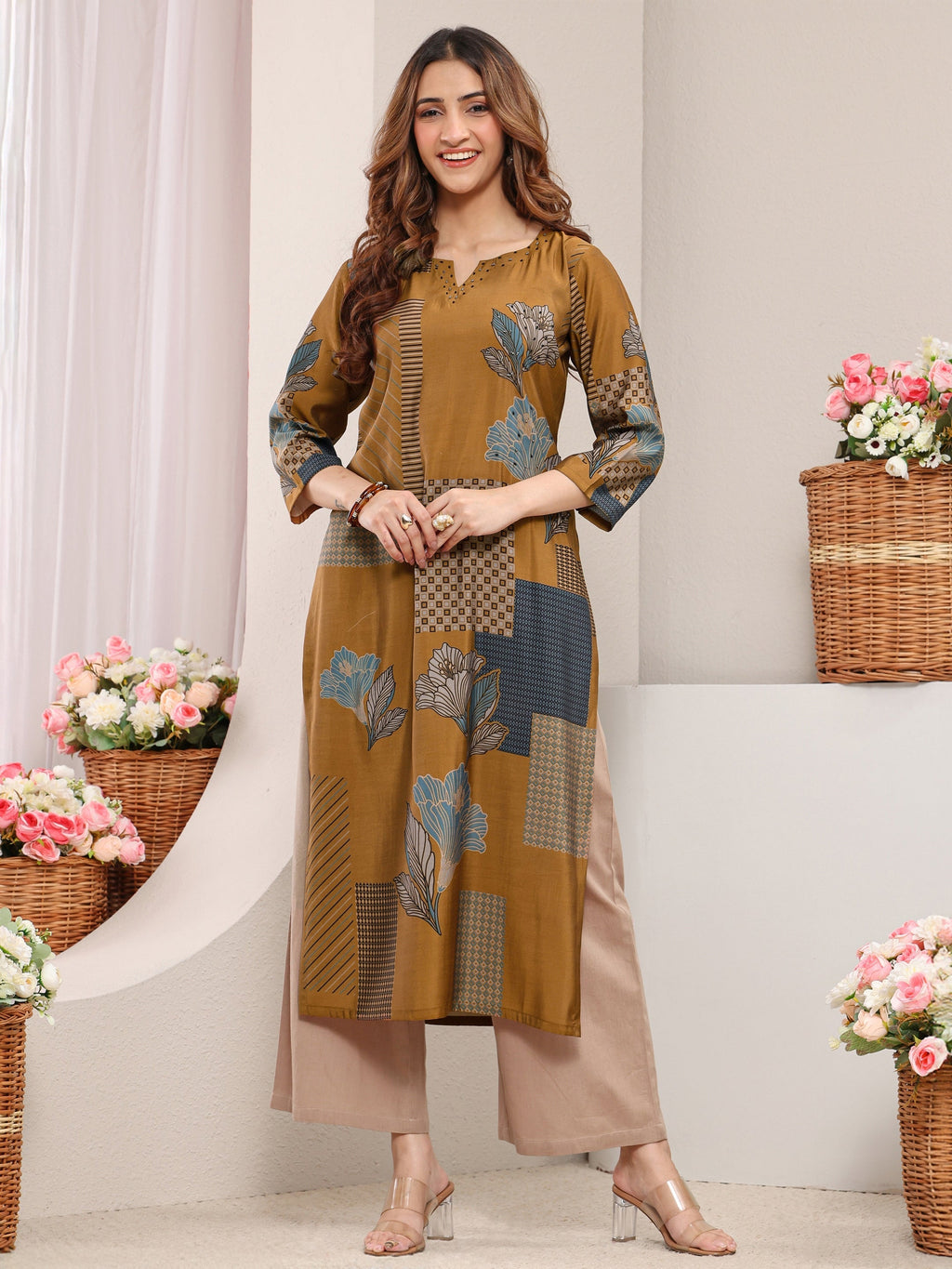 Libas Mustard Abstract Printed Silk Blend Straight Kurta