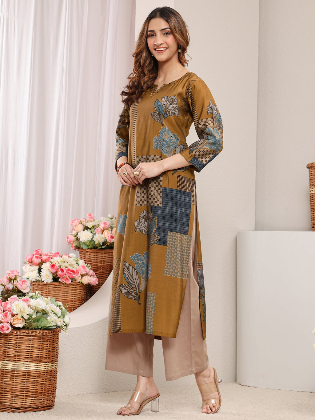 Libas Mustard Abstract Printed Silk Blend Straight Kurta