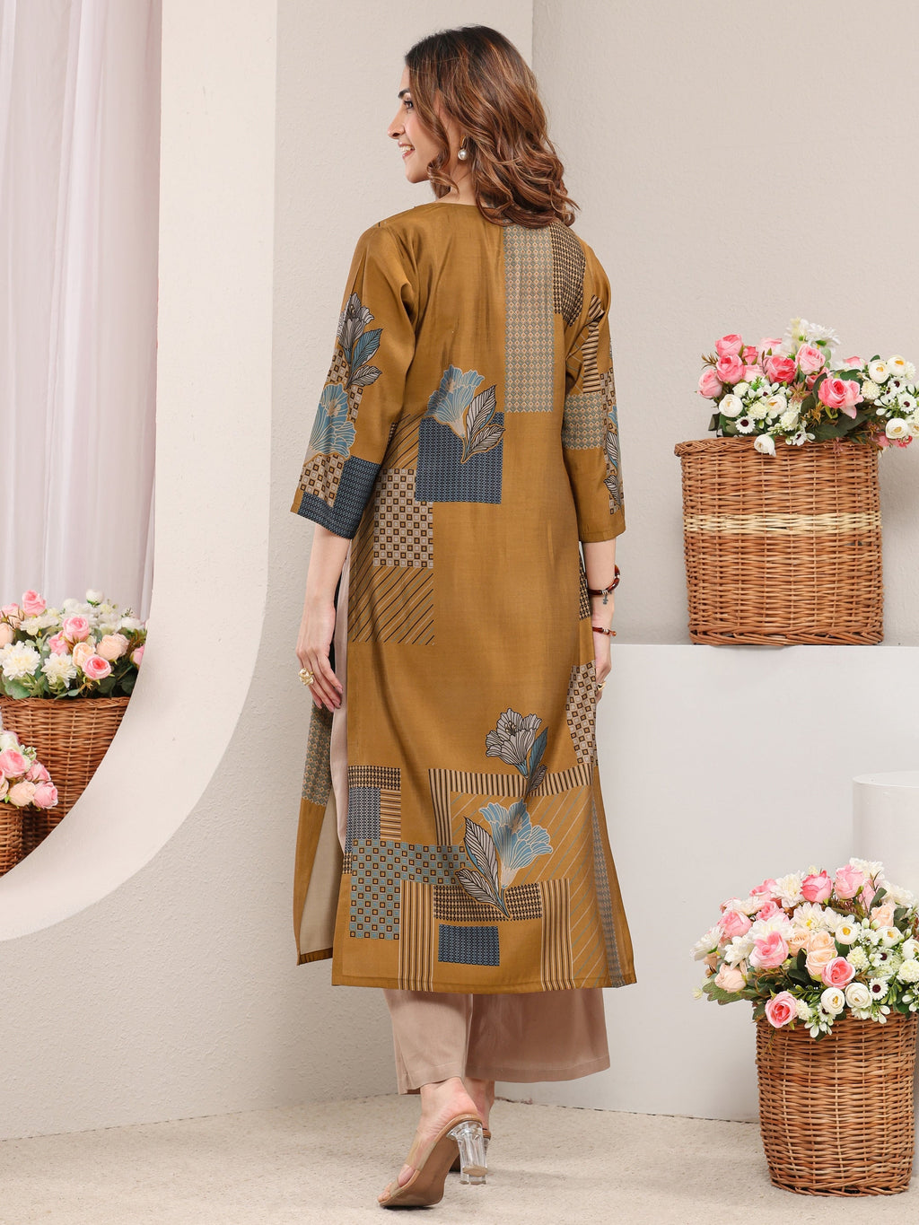 Libas Mustard Abstract Printed Silk Blend Straight Kurta