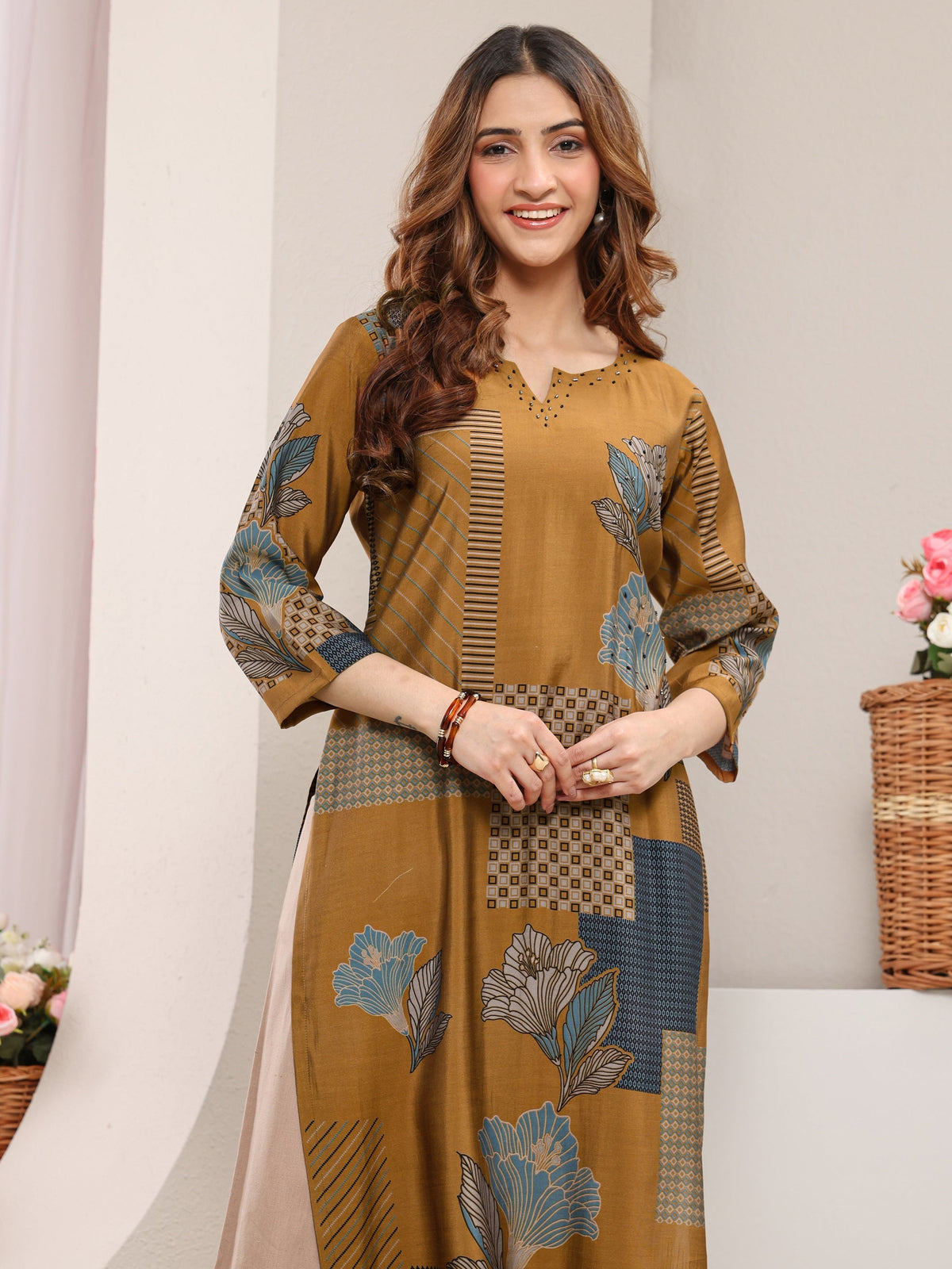 Libas Mustard Abstract Printed Silk Blend Straight Kurta