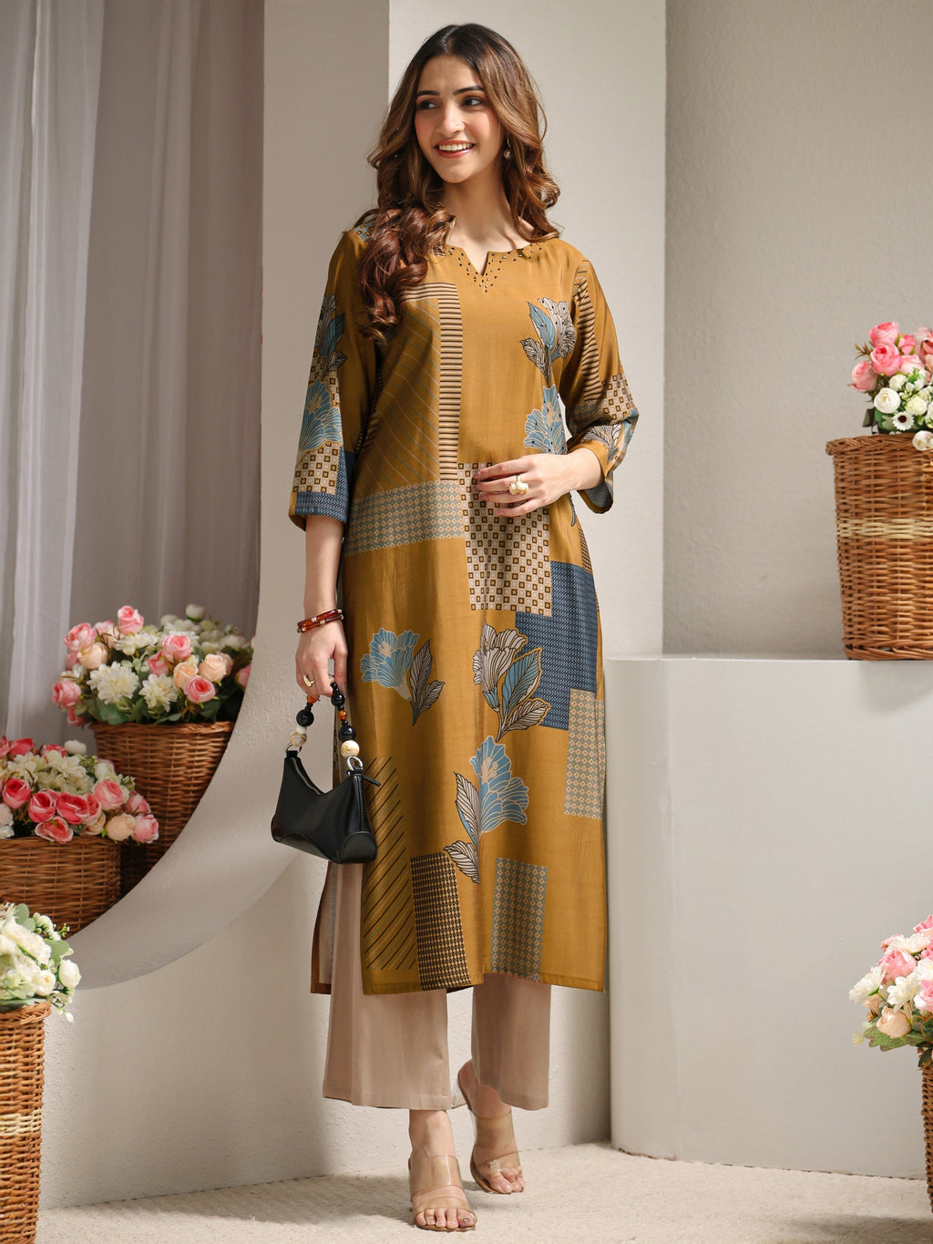 Libas Mustard Abstract Printed Silk Blend Straight Kurta