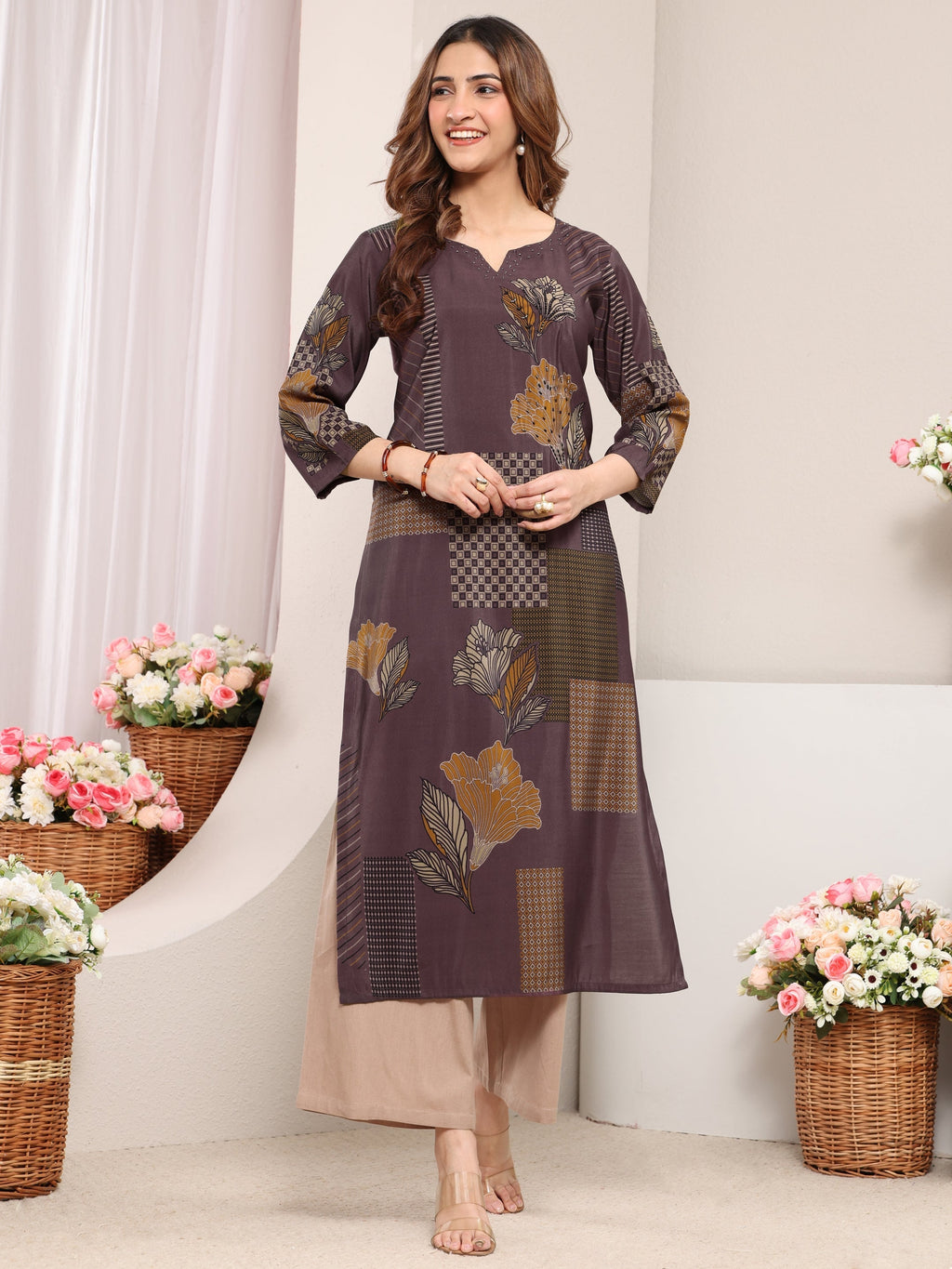 Libas Taupe Abstract Printed Silk Blend Straight Kurta