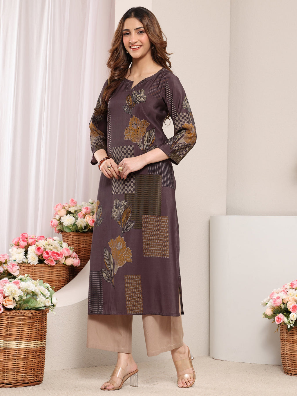 Libas Taupe Abstract Printed Silk Blend Straight Kurta