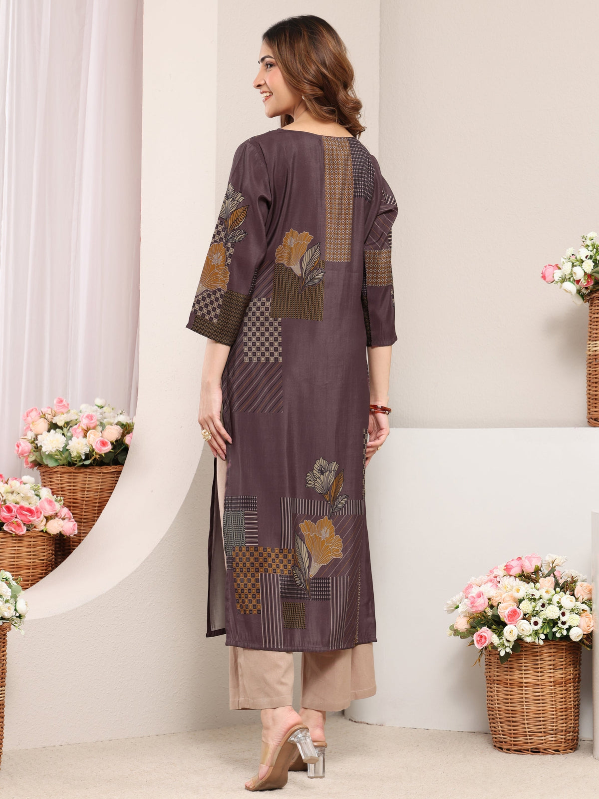 Libas Taupe Abstract Printed Silk Blend Straight Kurta