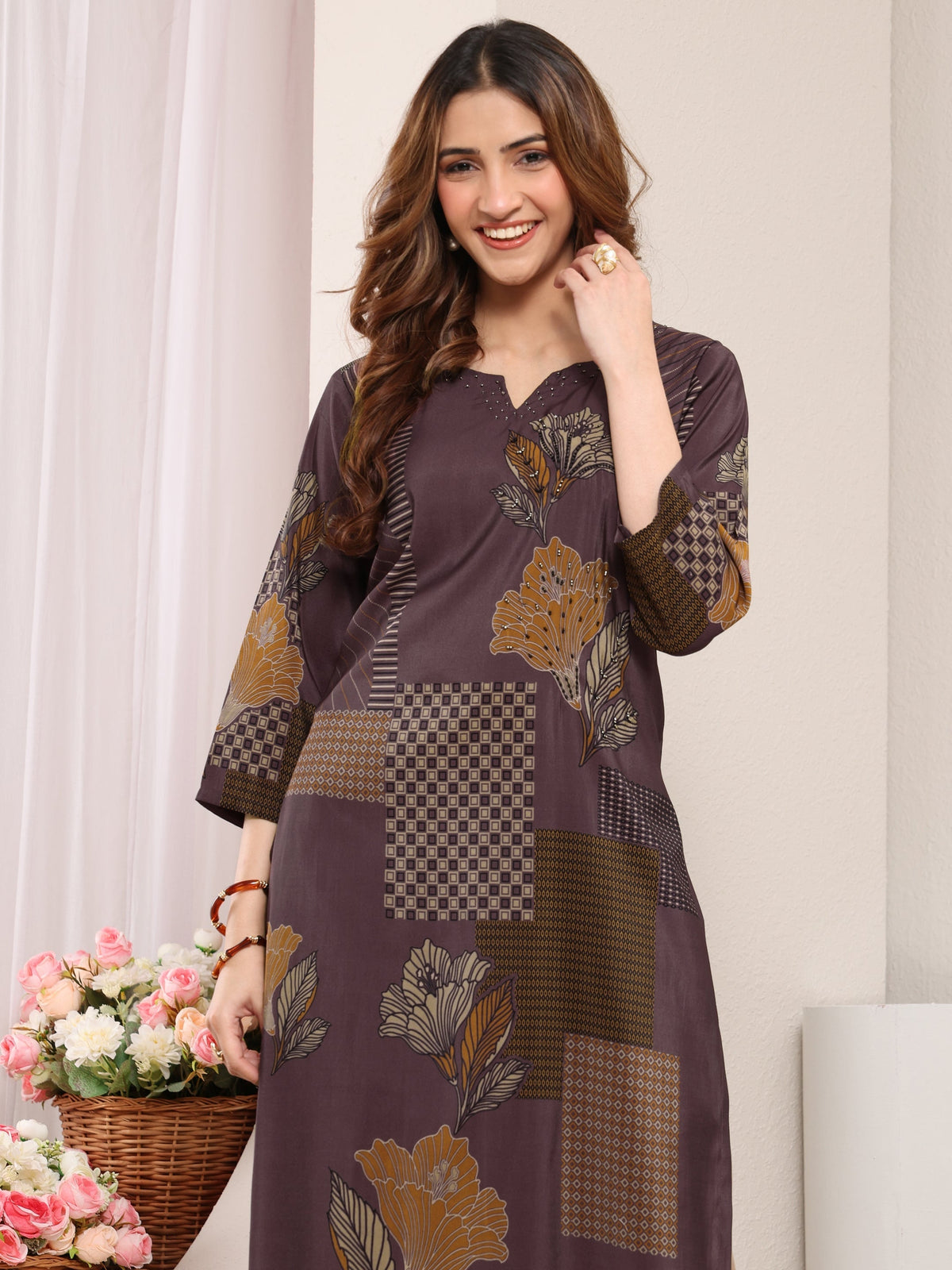 Libas Taupe Abstract Printed Silk Blend Straight Kurta