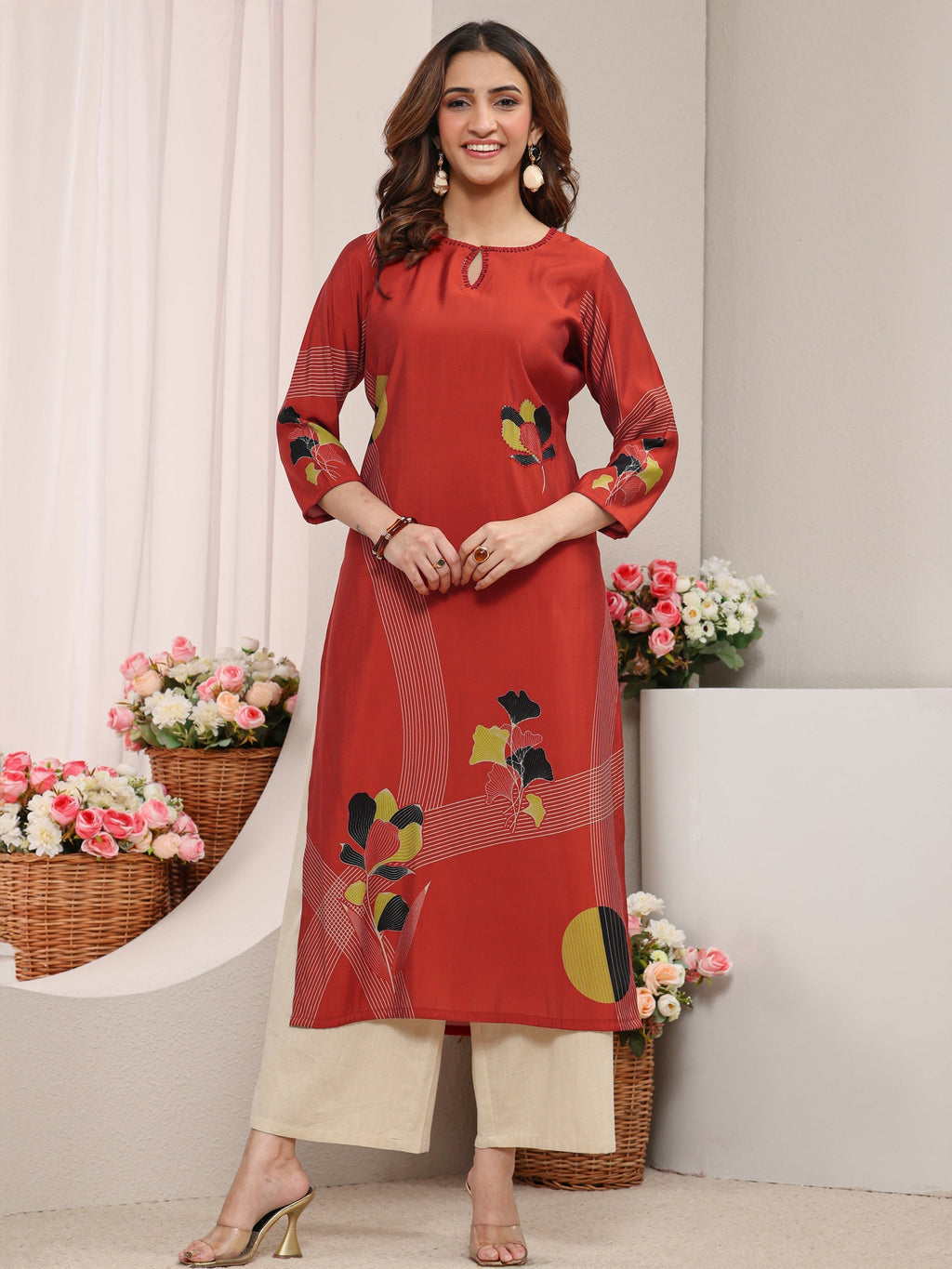 Libas Rust Printed Silk Blend Straight Kurta