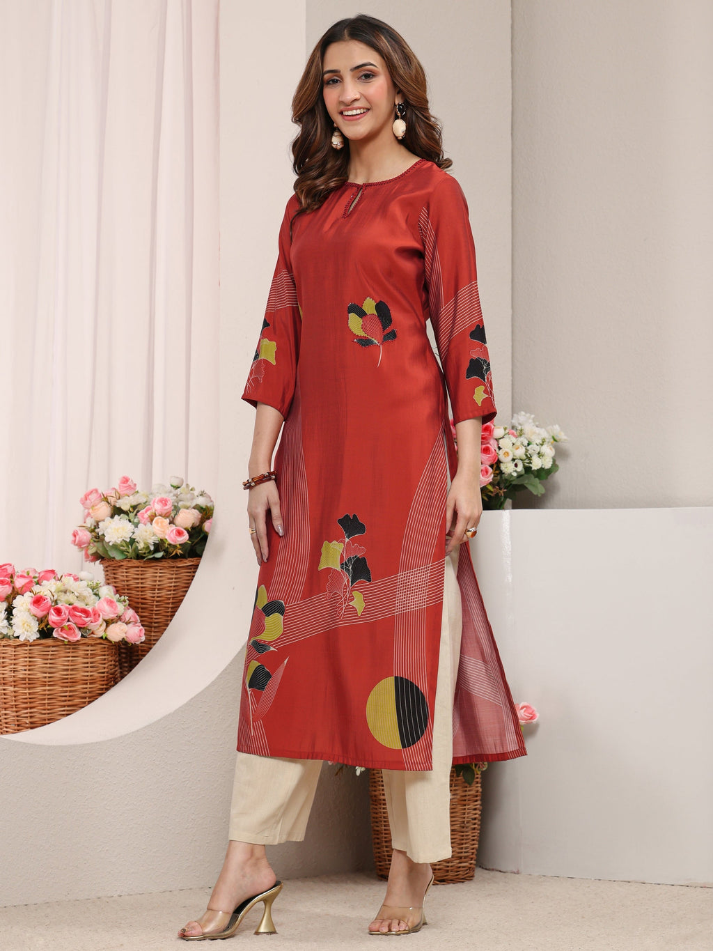 Libas Rust Printed Silk Blend Straight Kurta