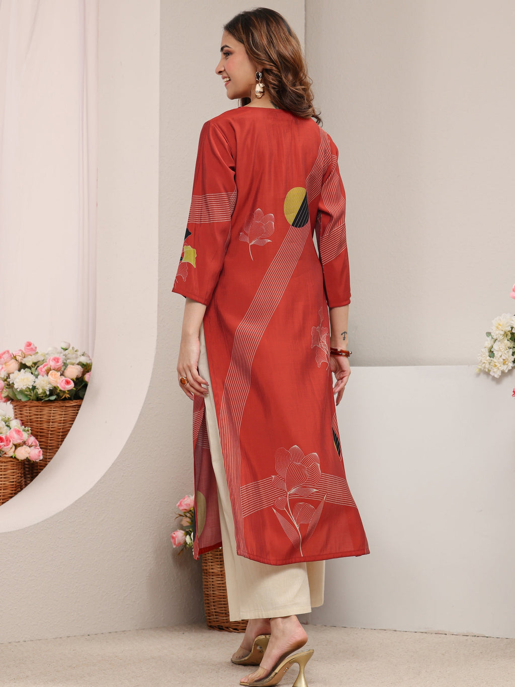 Libas Rust Printed Silk Blend Straight Kurta