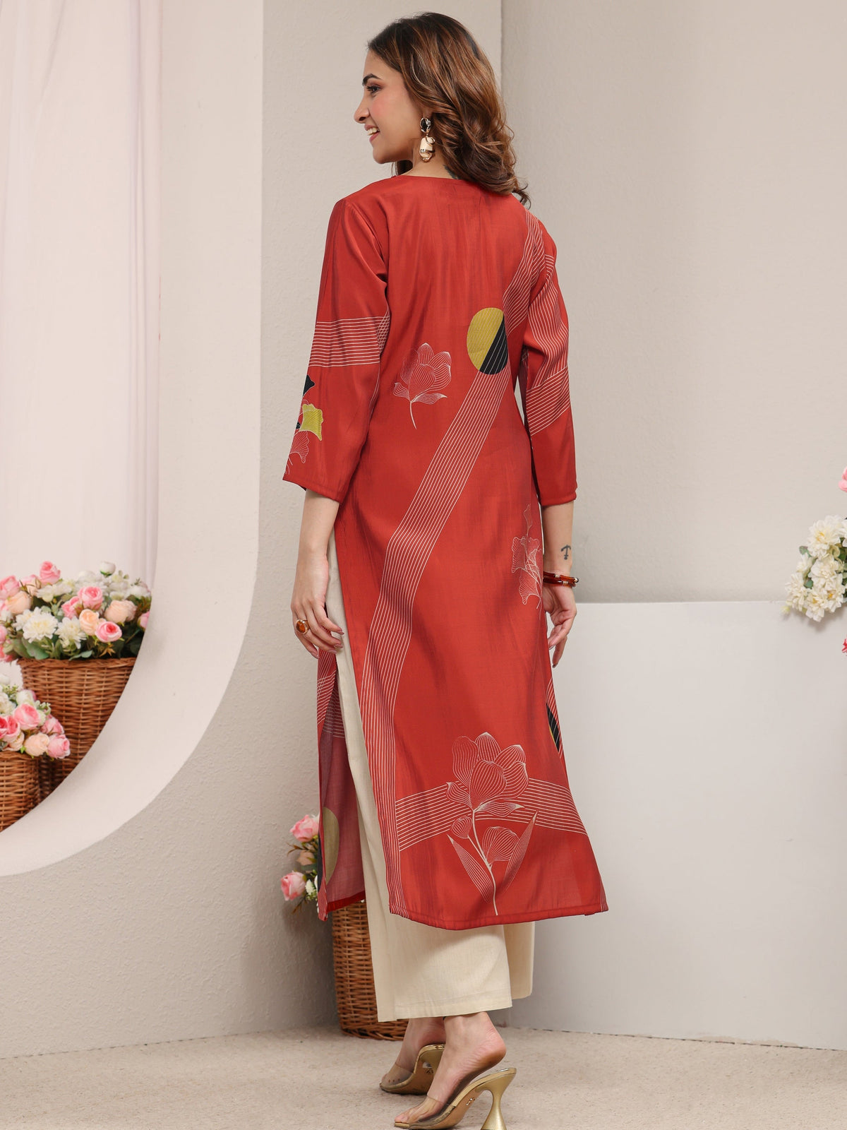 Libas Rust Printed Silk Blend Straight Kurta
