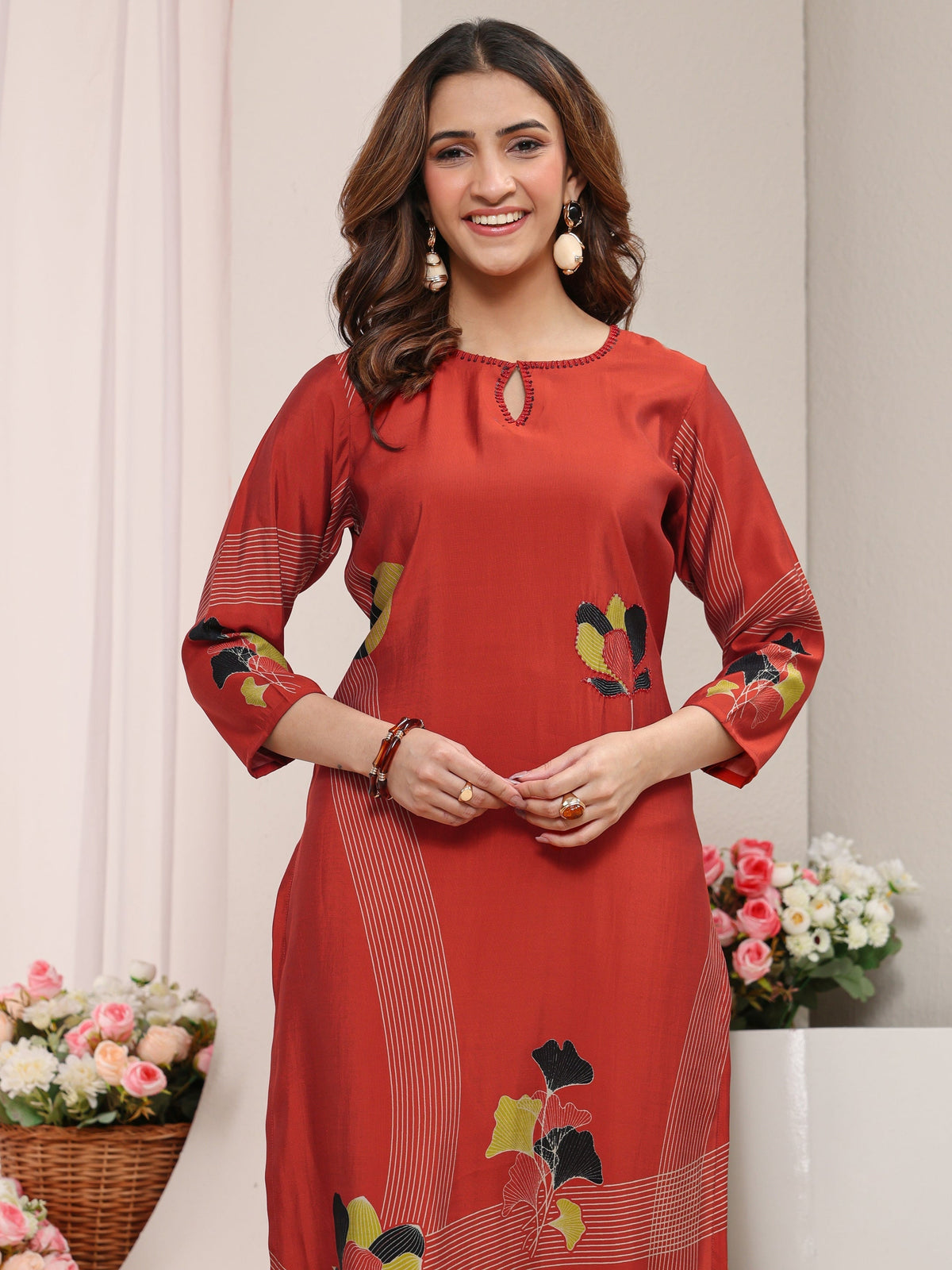 Libas Rust Printed Silk Blend Straight Kurta