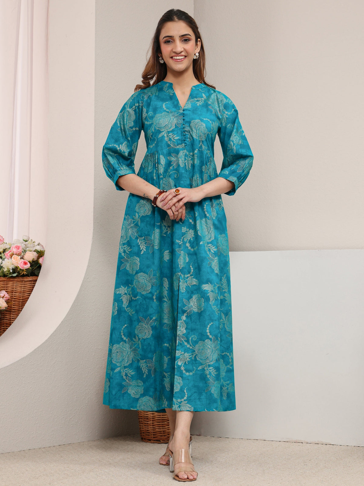 Libas Blue Floral Printed Cotton A-Line One Piece Dress