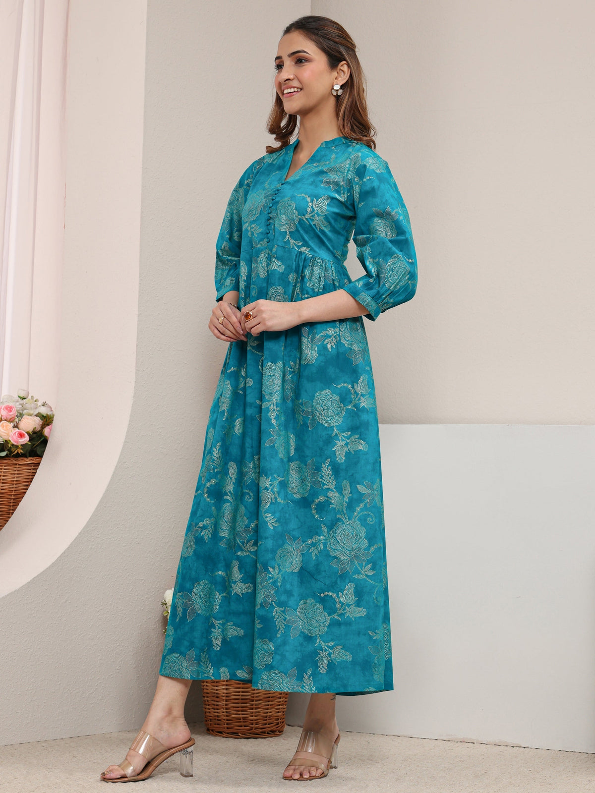 Libas Blue Floral Printed Cotton A-Line One Piece Dress