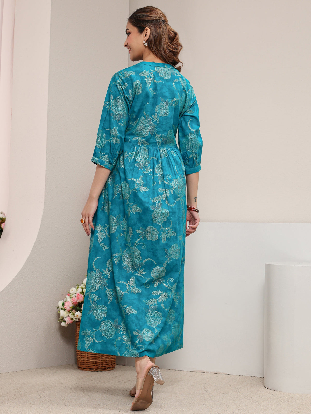 Libas Blue Floral Printed Cotton A-Line One Piece Dress