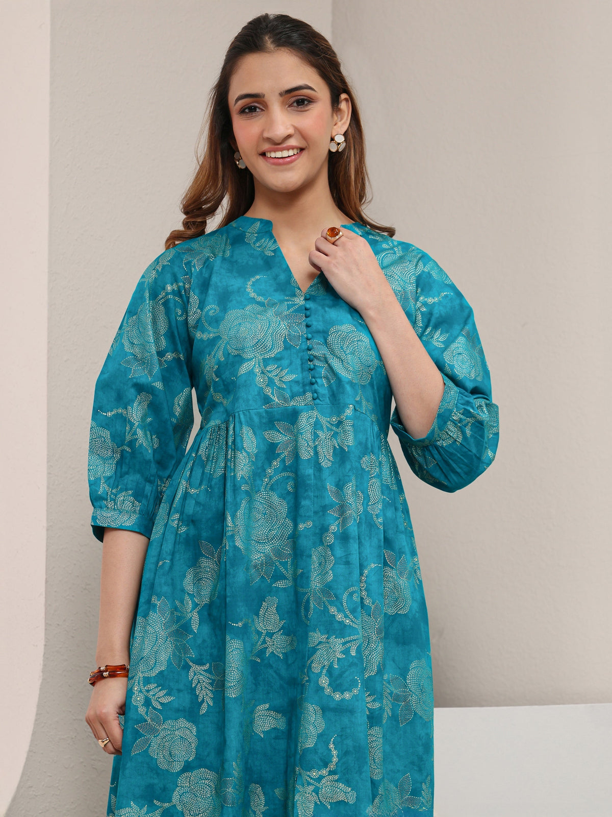 Libas Blue Floral Printed Cotton A-Line One Piece Dress