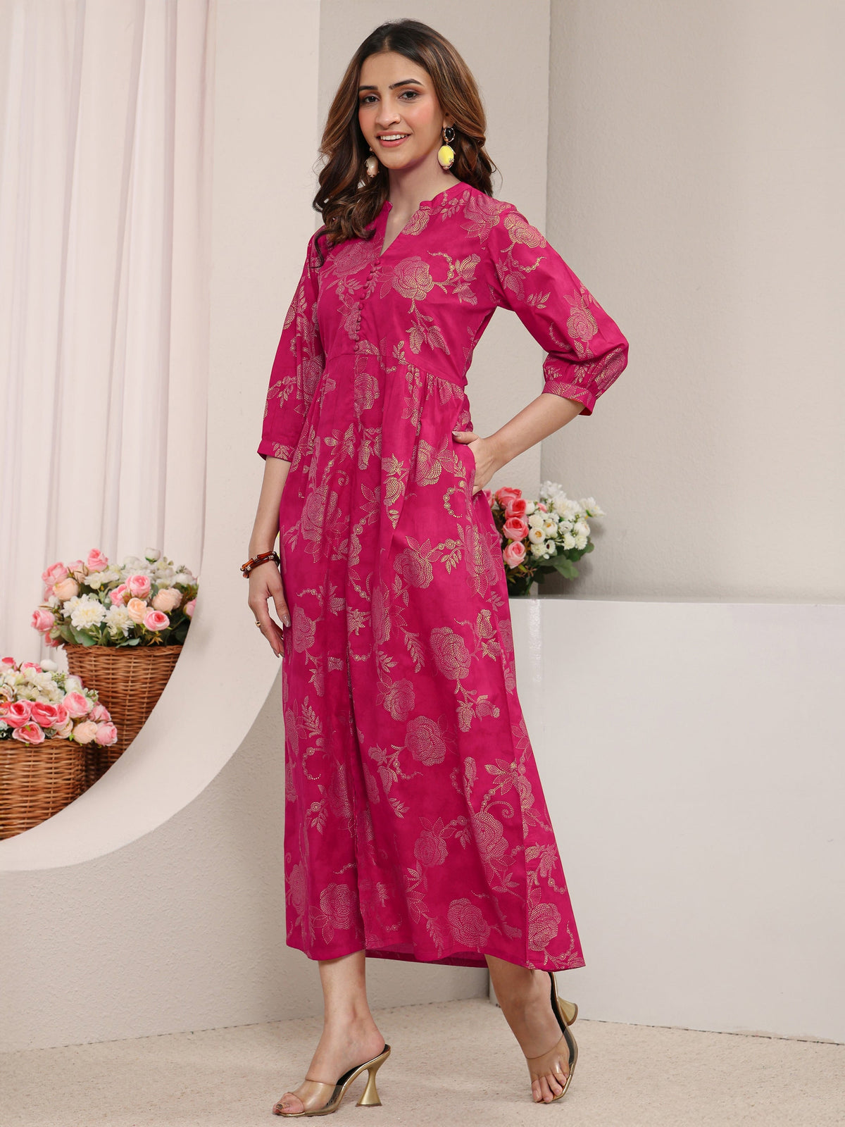 Libas Pink Floral Printed Cotton A-Line One Piece Dress