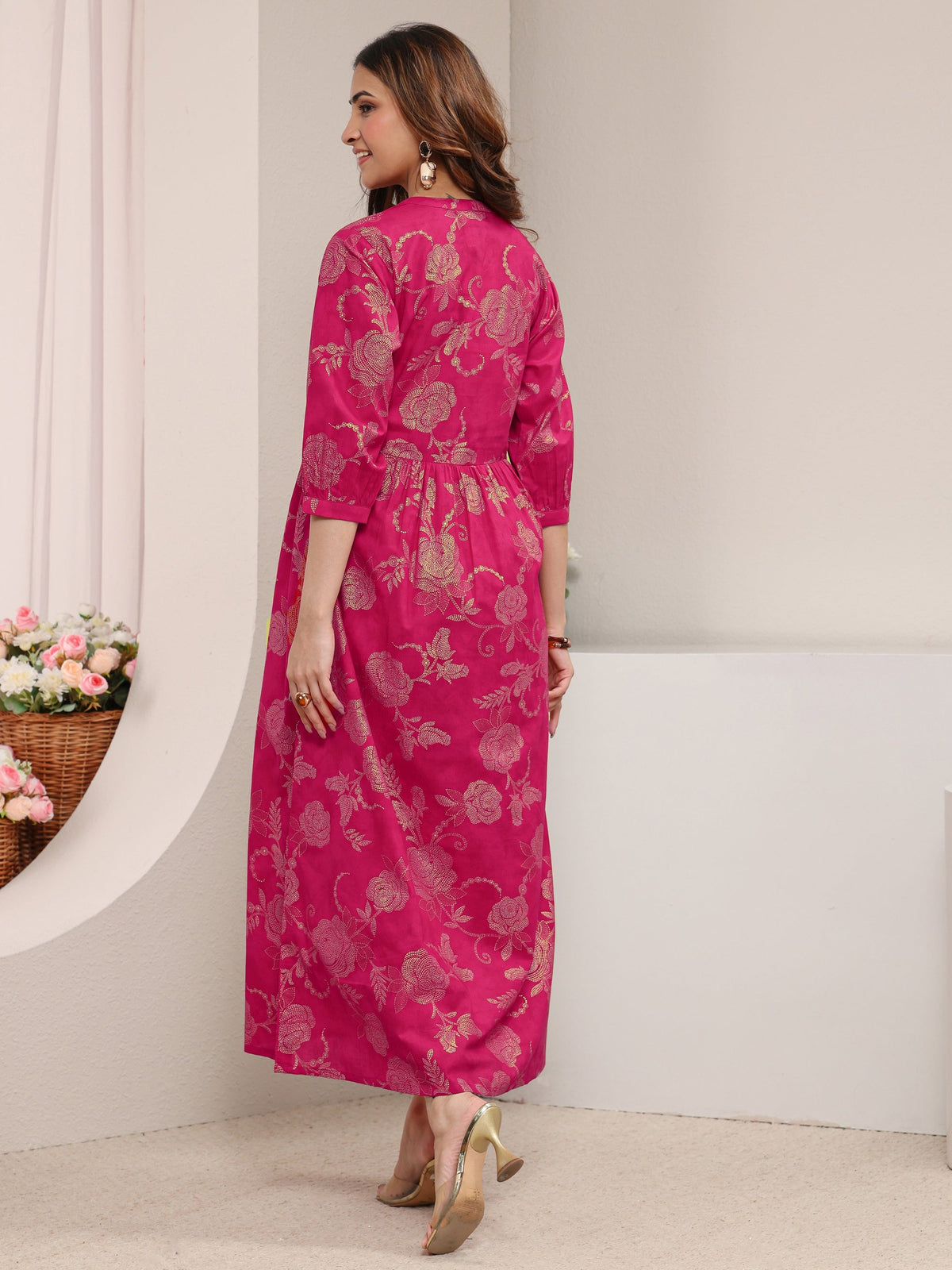 Libas Pink Floral Printed Cotton A-Line One Piece Dress