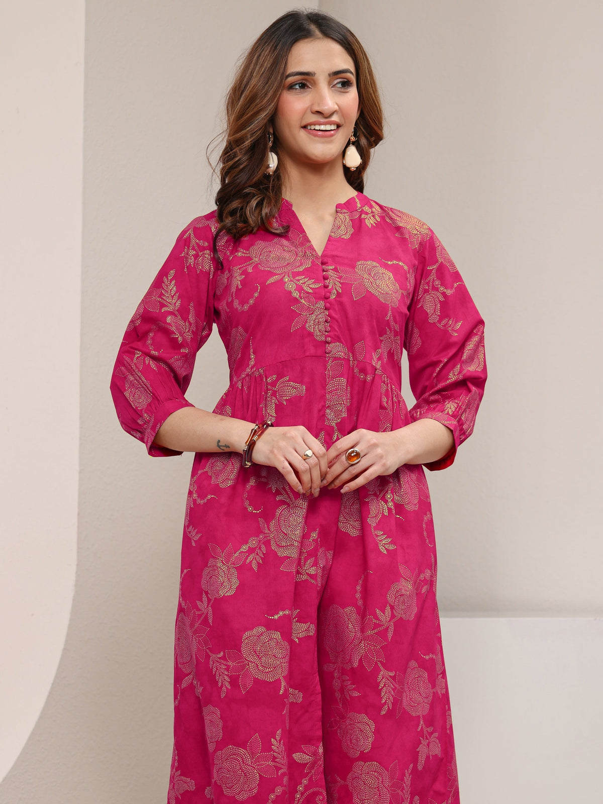 Libas Pink Floral Printed Cotton A-Line One Piece Dress
