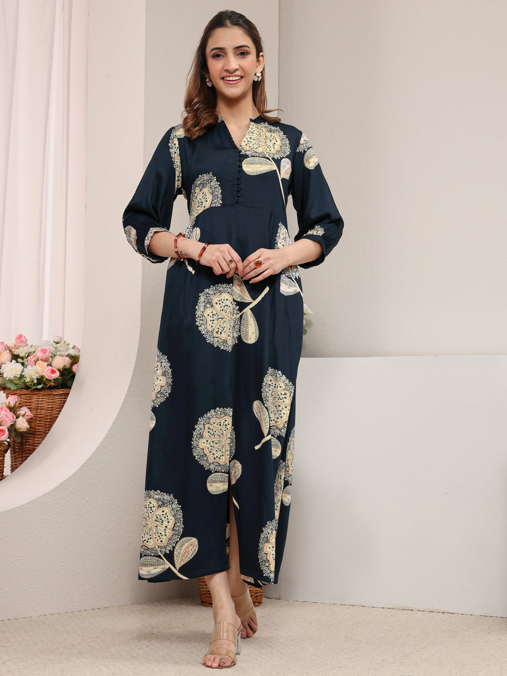 Libas Navy Blue Floral Printed Silk Blend A-Line One Piece Dress