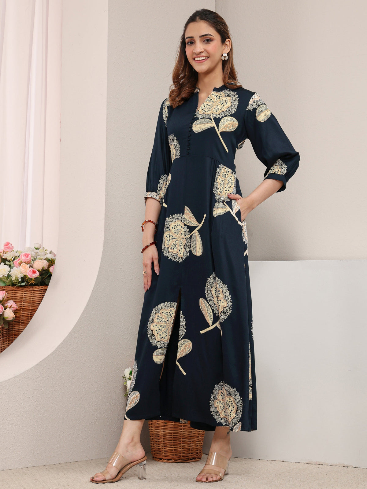 Libas Navy Blue Floral Printed Silk Blend A-Line One Piece Dress