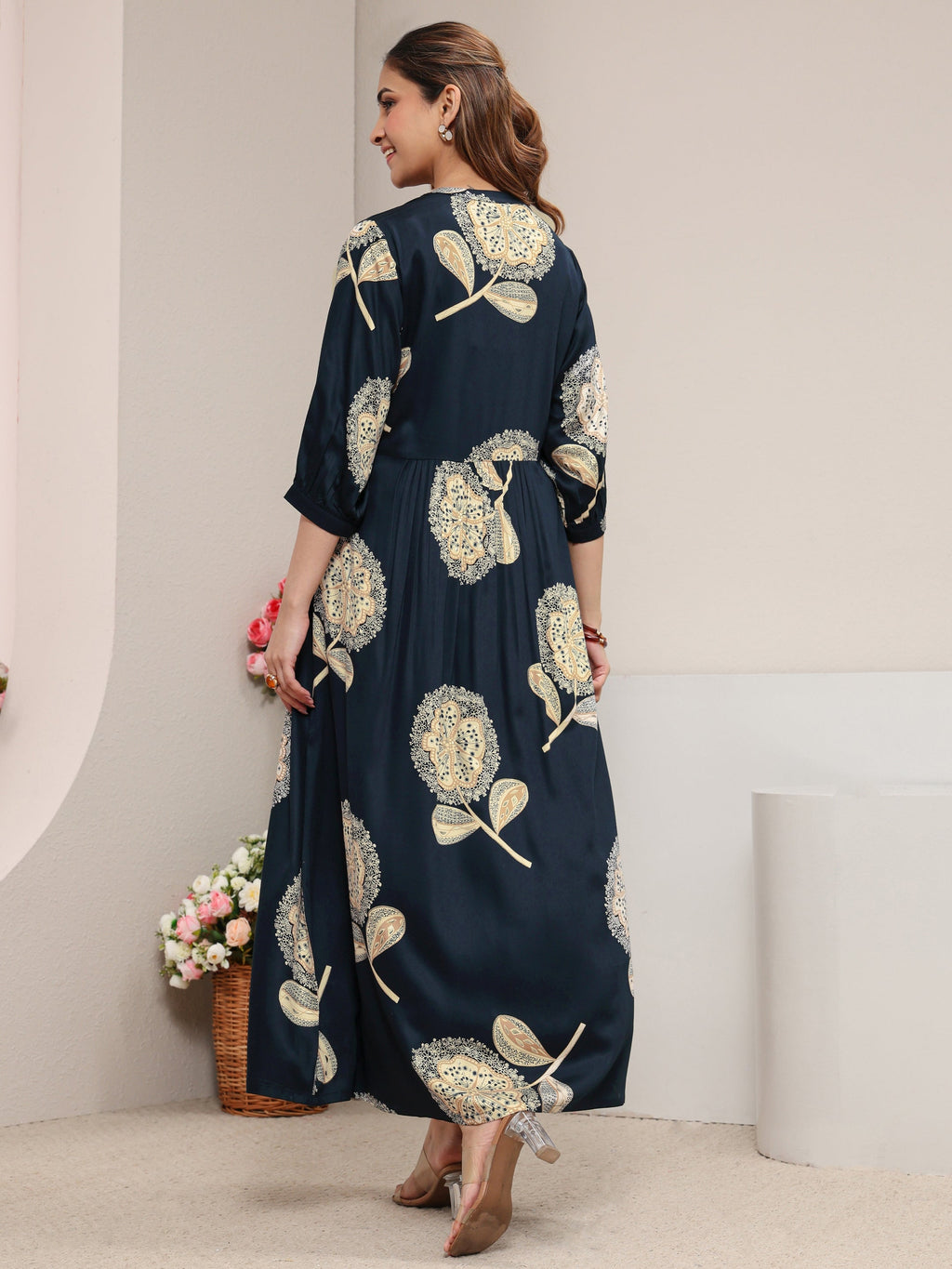 Libas Navy Blue Floral Printed Silk Blend A-Line One Piece Dress