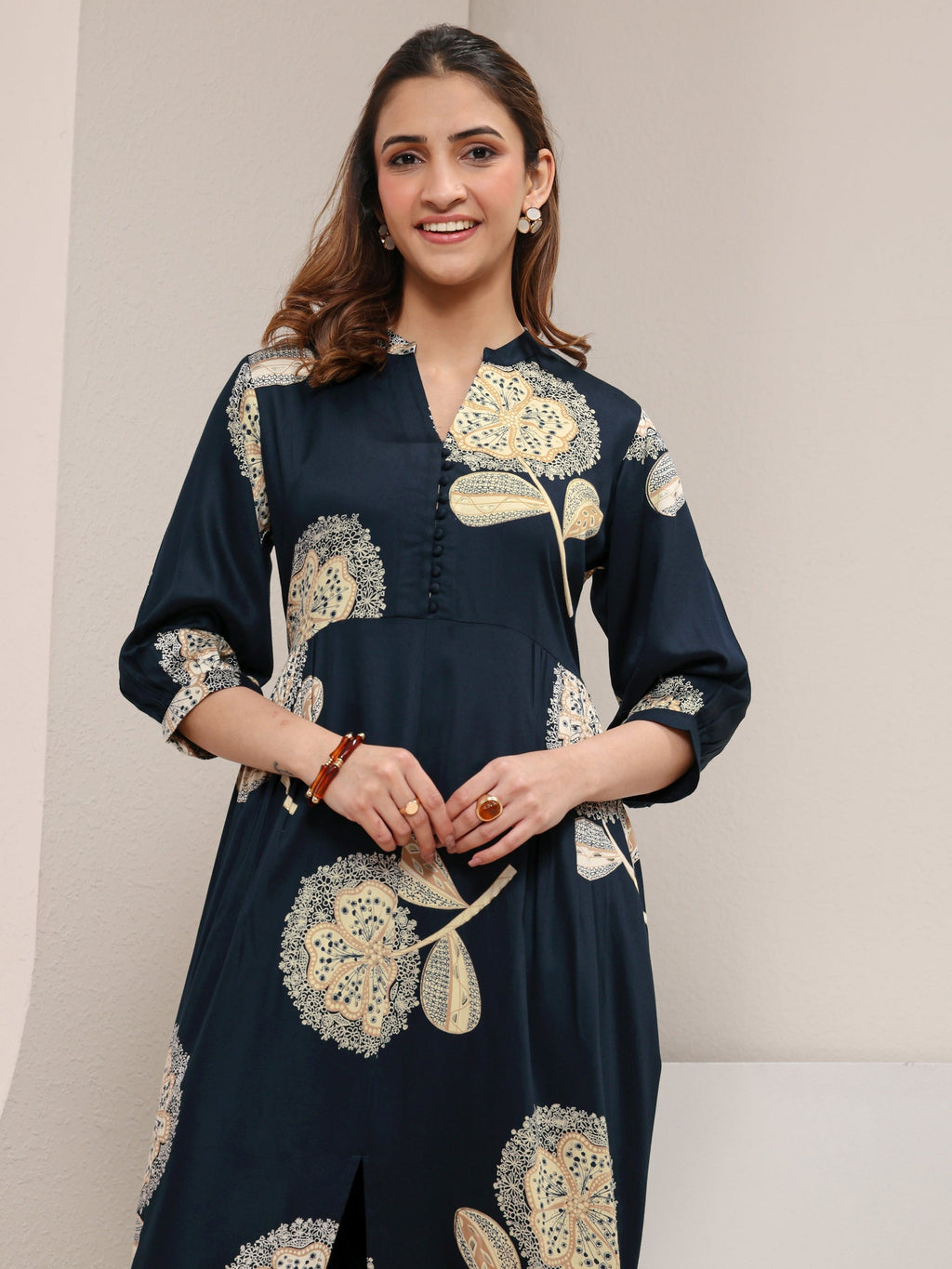 Libas Navy Blue Floral Printed Silk Blend A-Line One Piece Dress