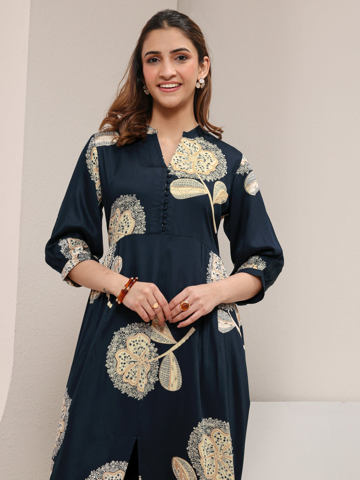 Libas Navy Blue Floral Printed Silk Blend A-Line One Piece Dress