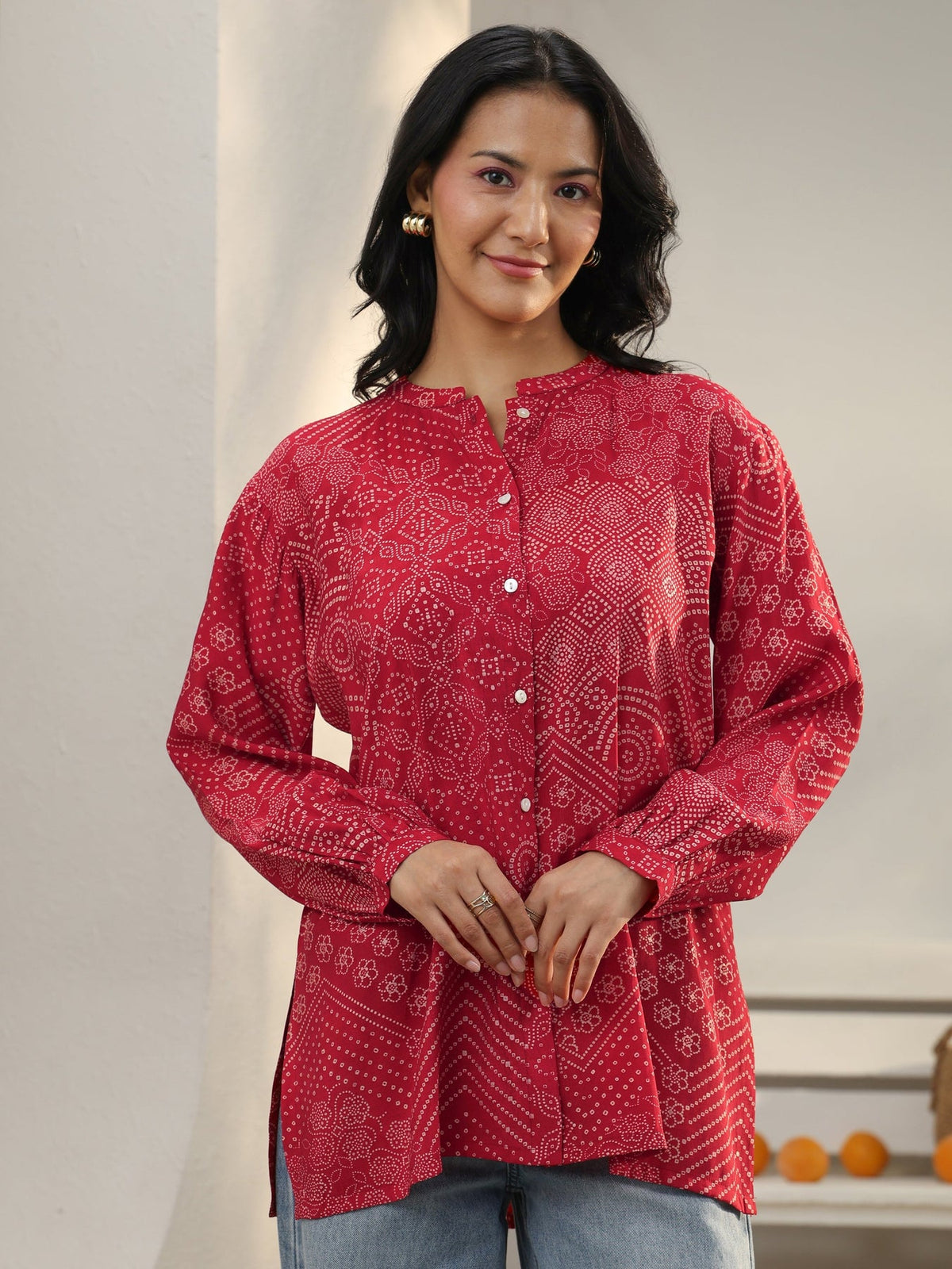 Libas Red Bandhani Printed Silk Blend Shirt K60