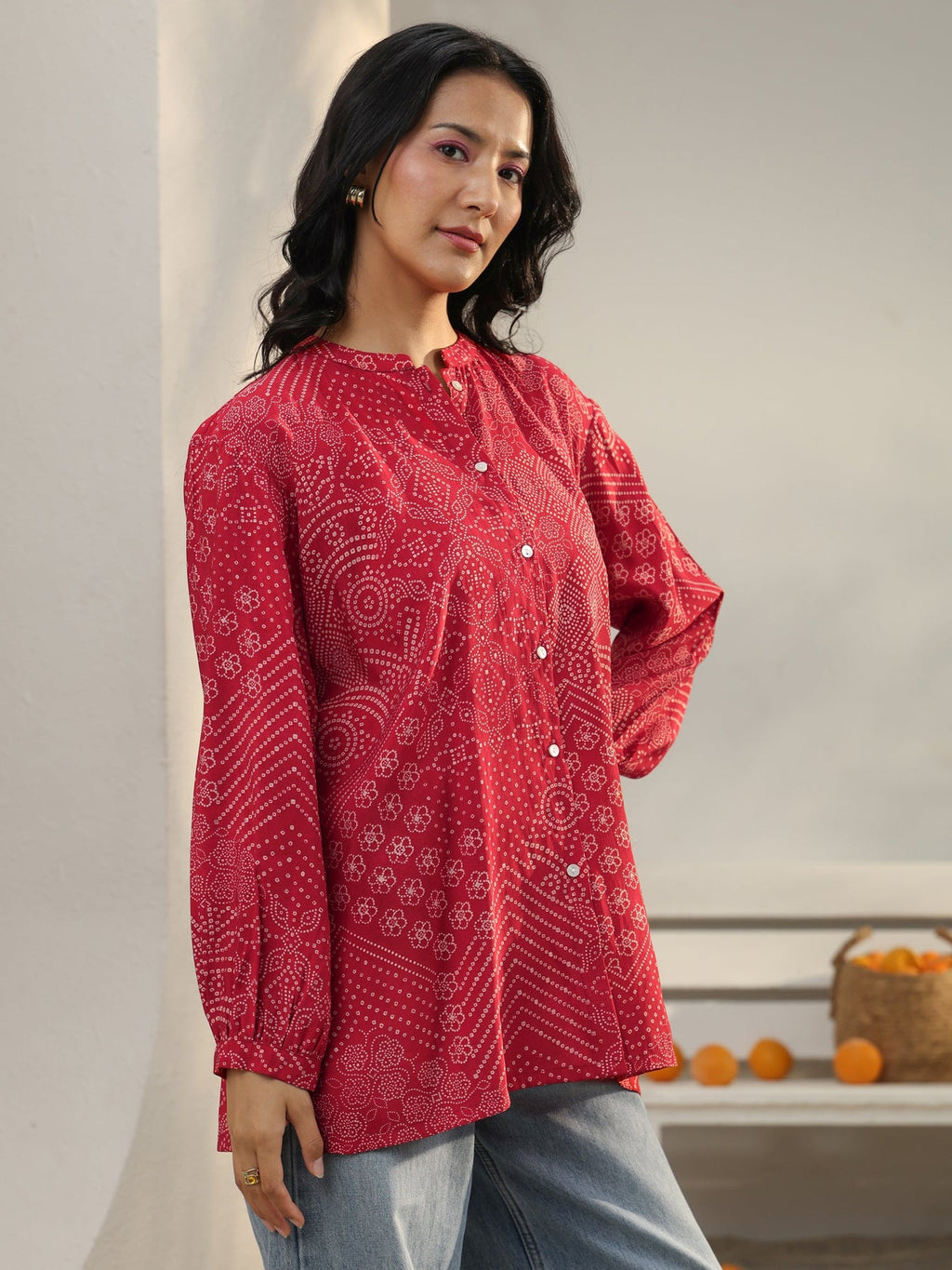 Libas Red Bandhani Printed Silk Blend Shirt K60