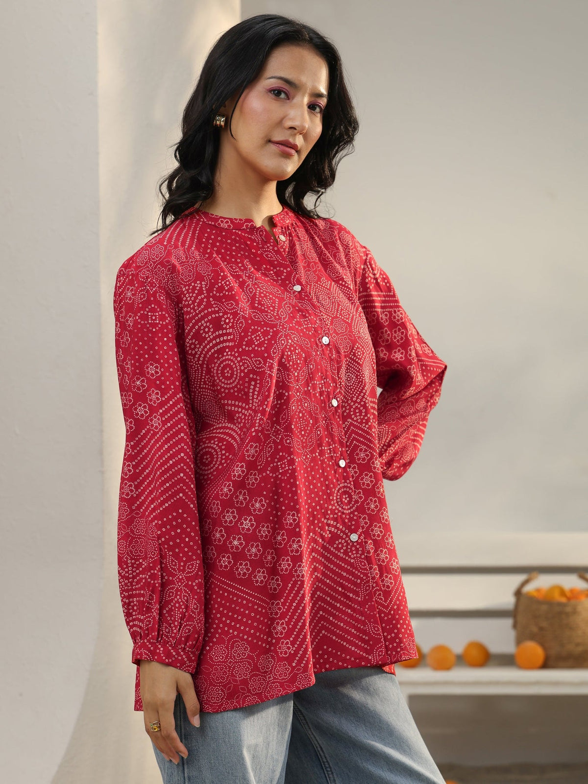 Libas Red Bandhani Printed Silk Blend Shirt K60