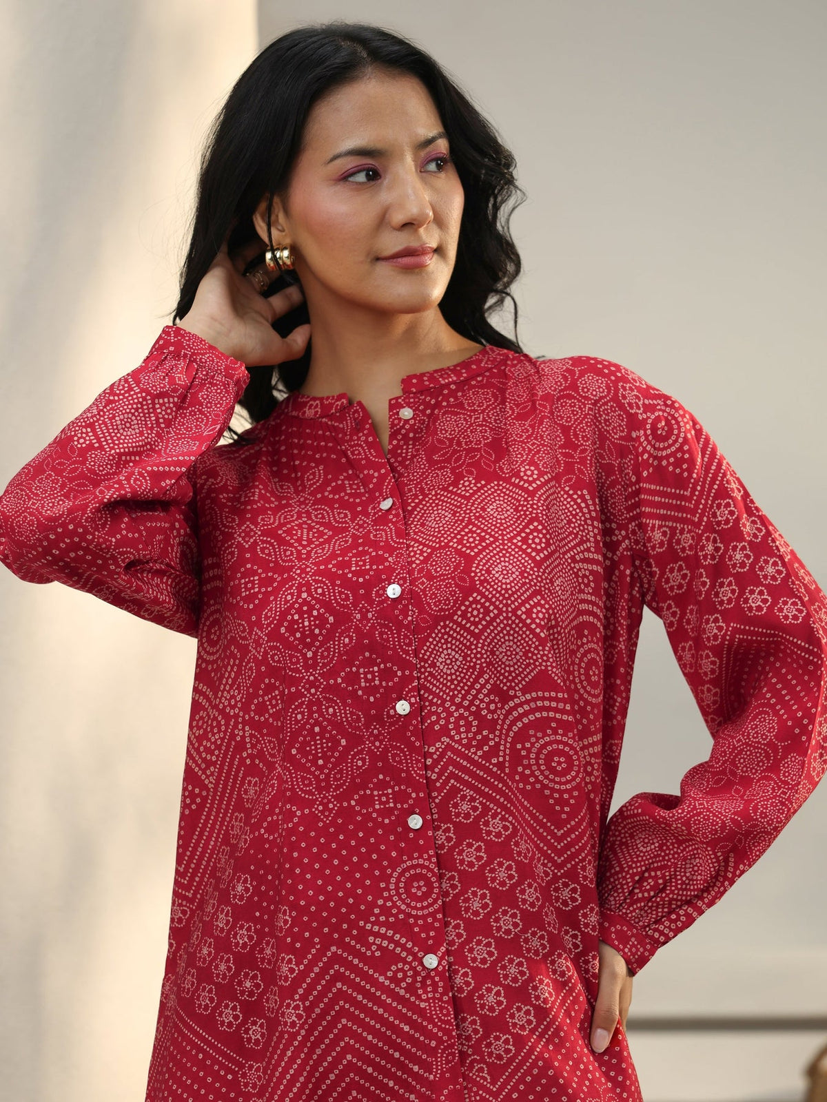 Libas Red Bandhani Printed Silk Blend Shirt K60