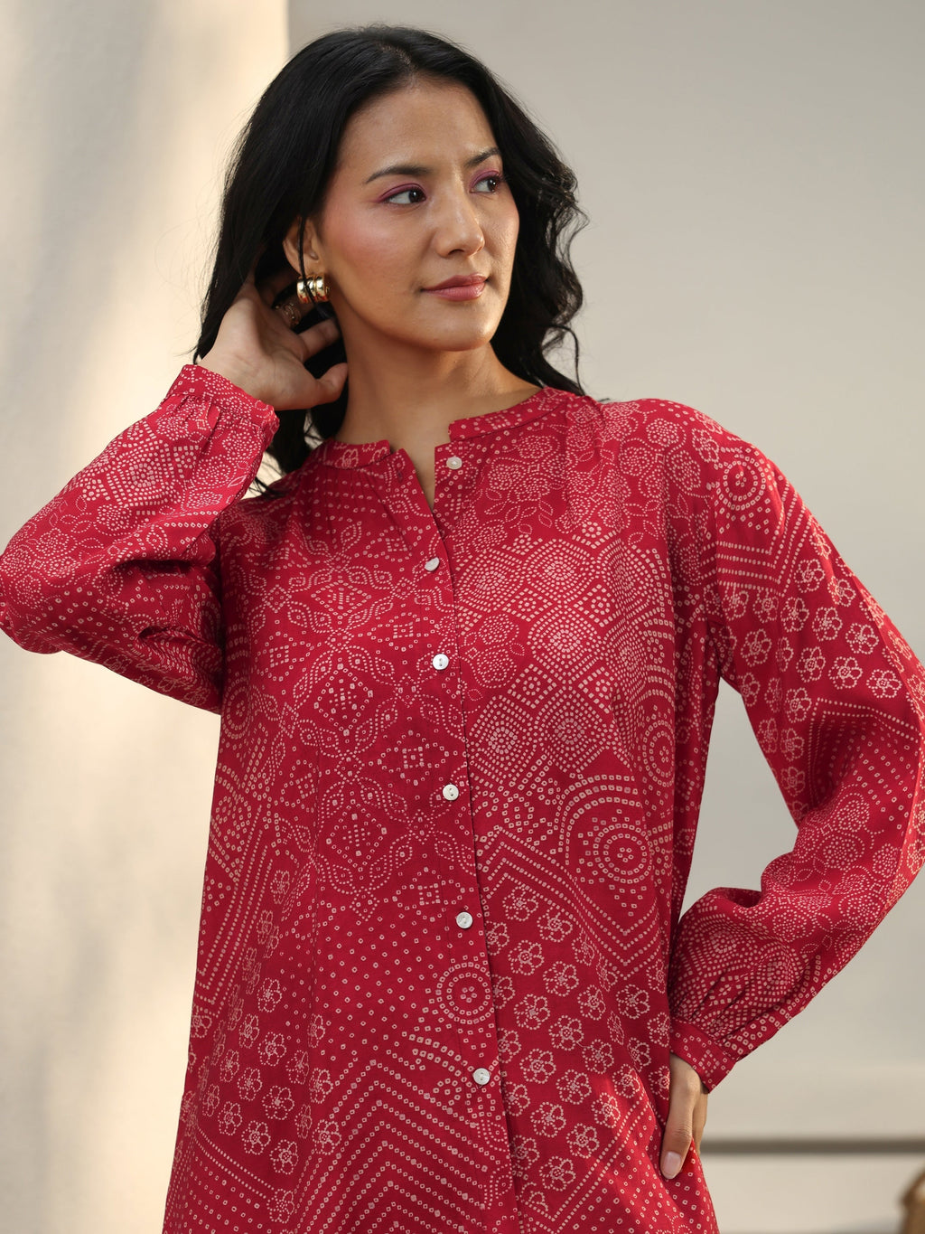 Libas Red Bandhani Printed Silk Blend Shirt