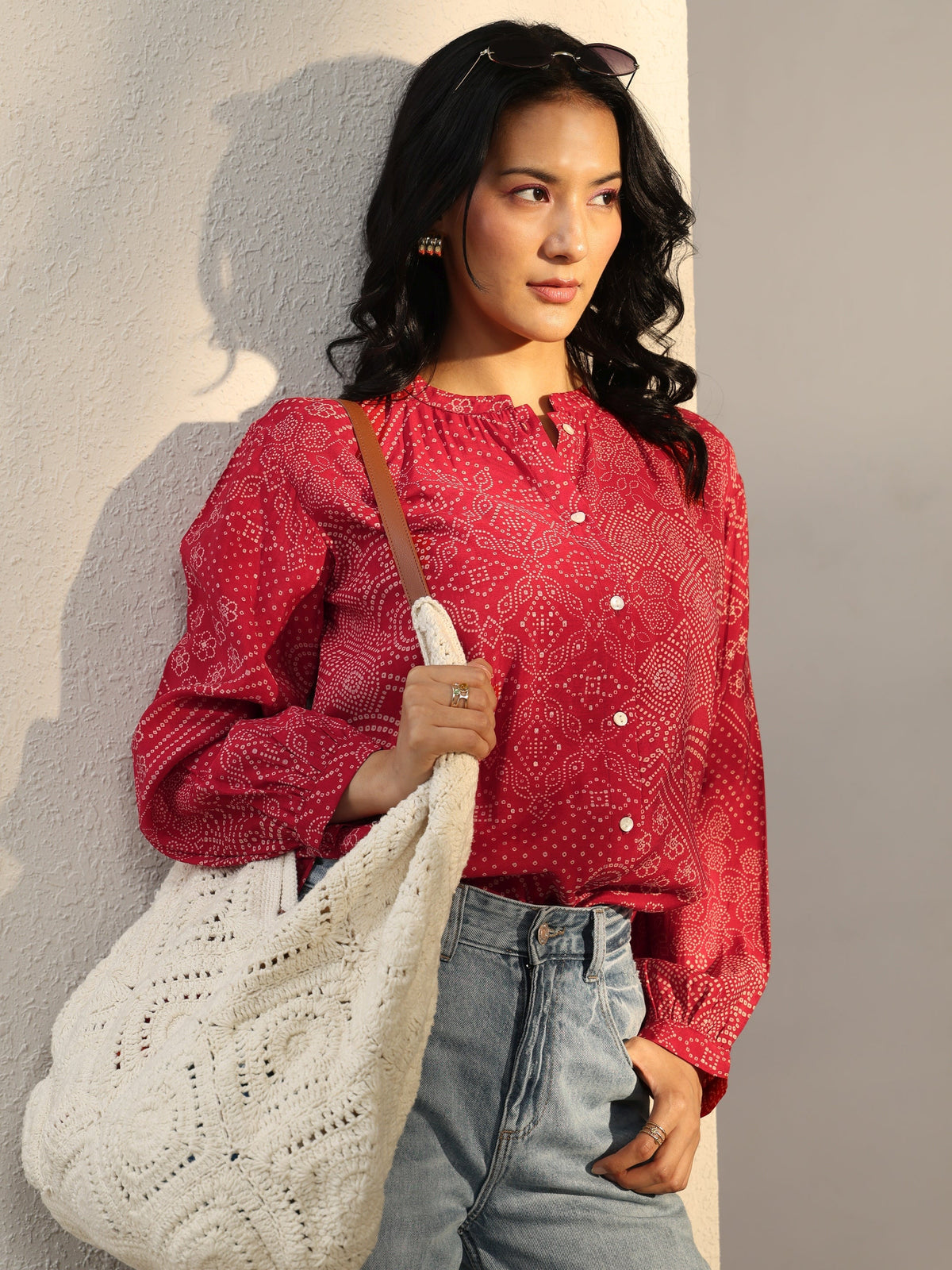 Libas Red Bandhani Printed Silk Blend Shirt