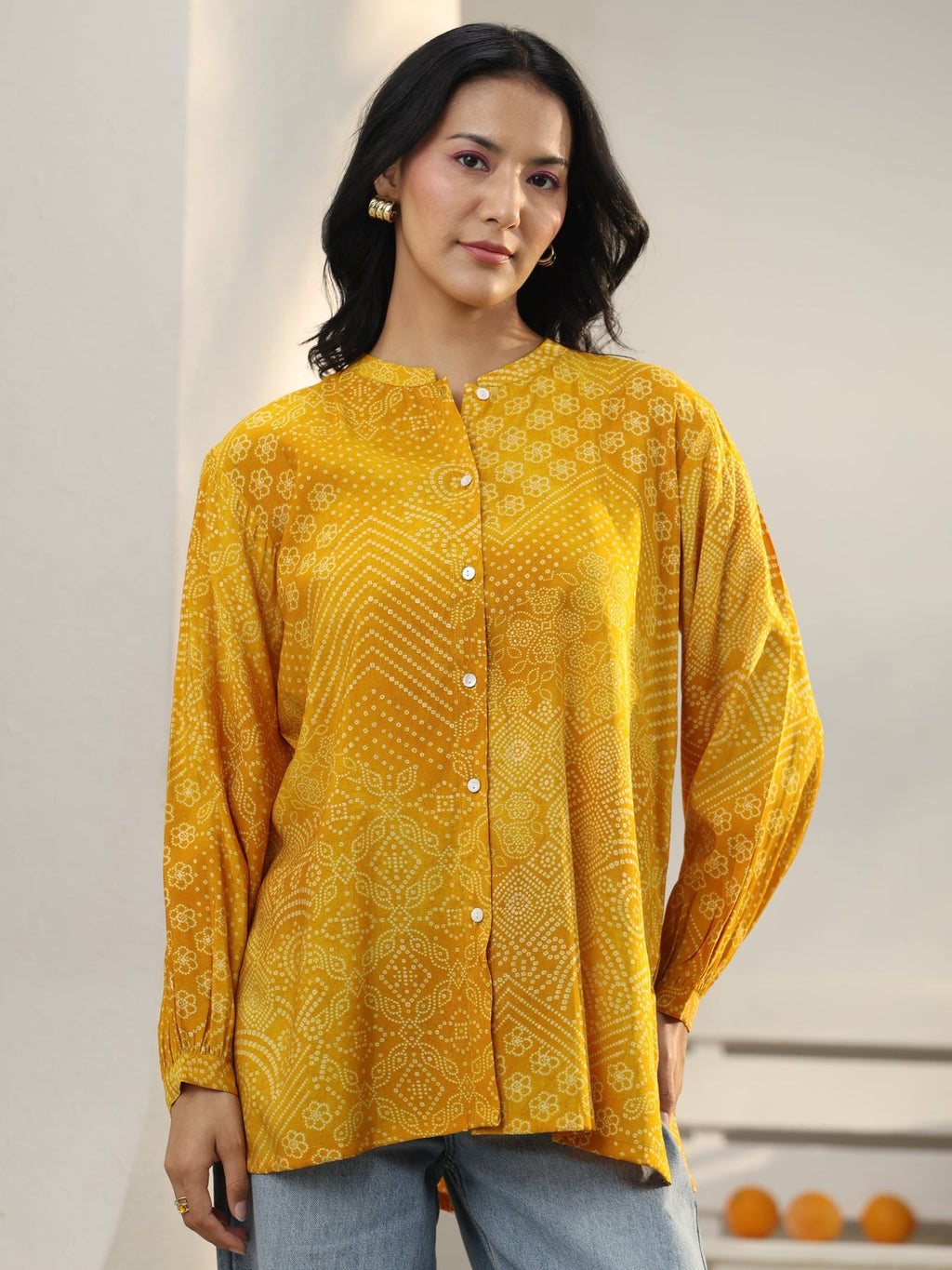 Libas Yellow Bandhani Printed Silk Blend Shirt K60