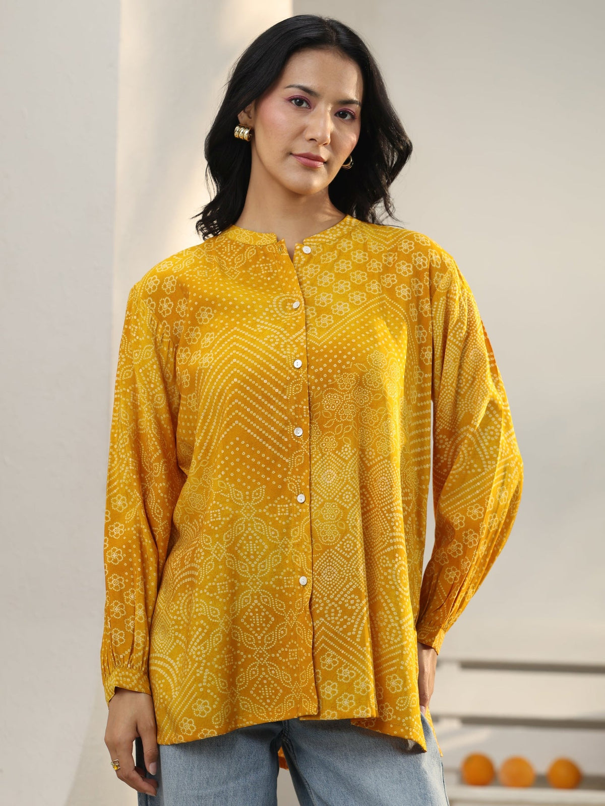 Libas Yellow Bandhani Printed Silk Blend Shirt K60