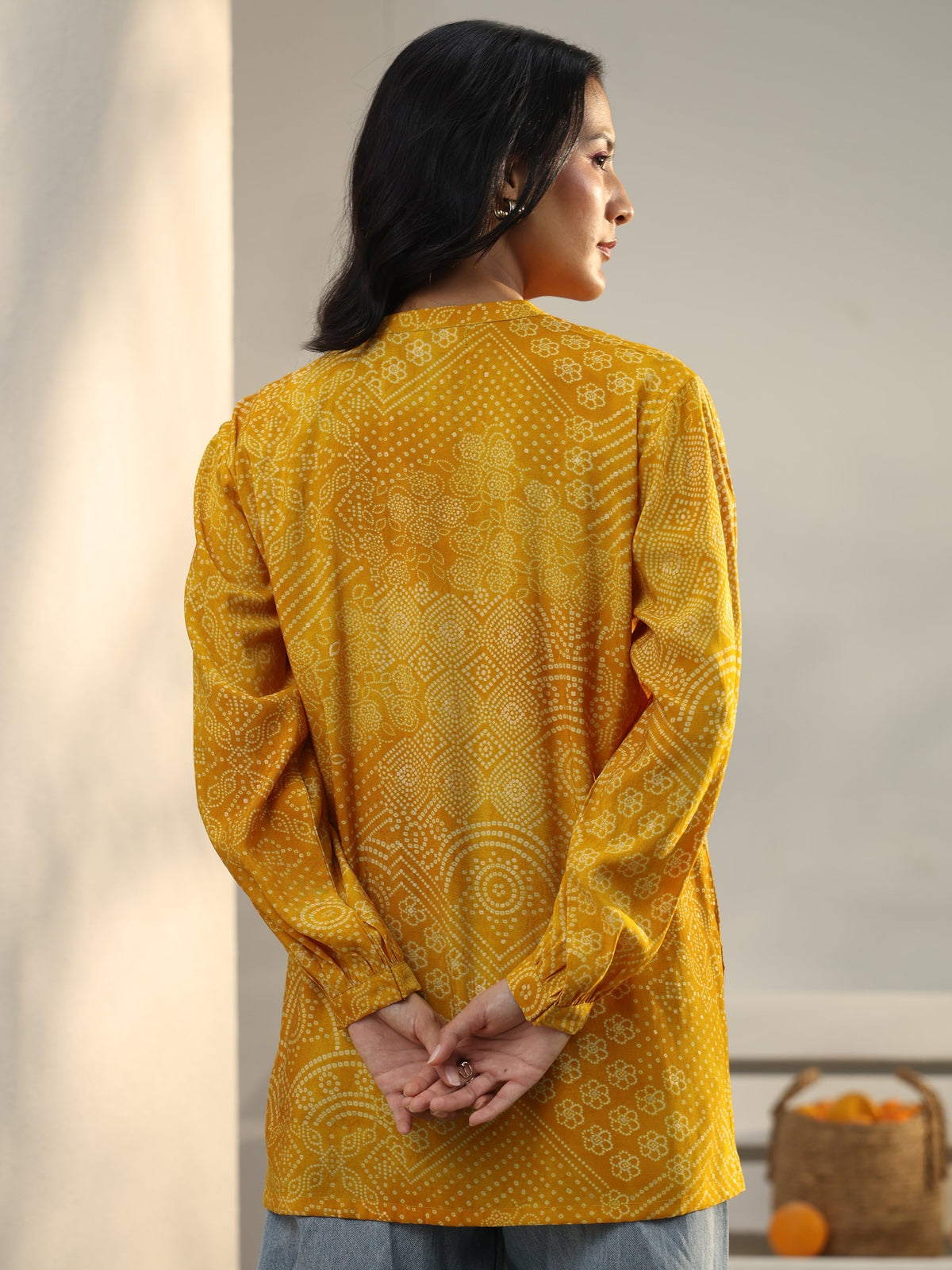 Libas Yellow Bandhani Printed Silk Blend Shirt
