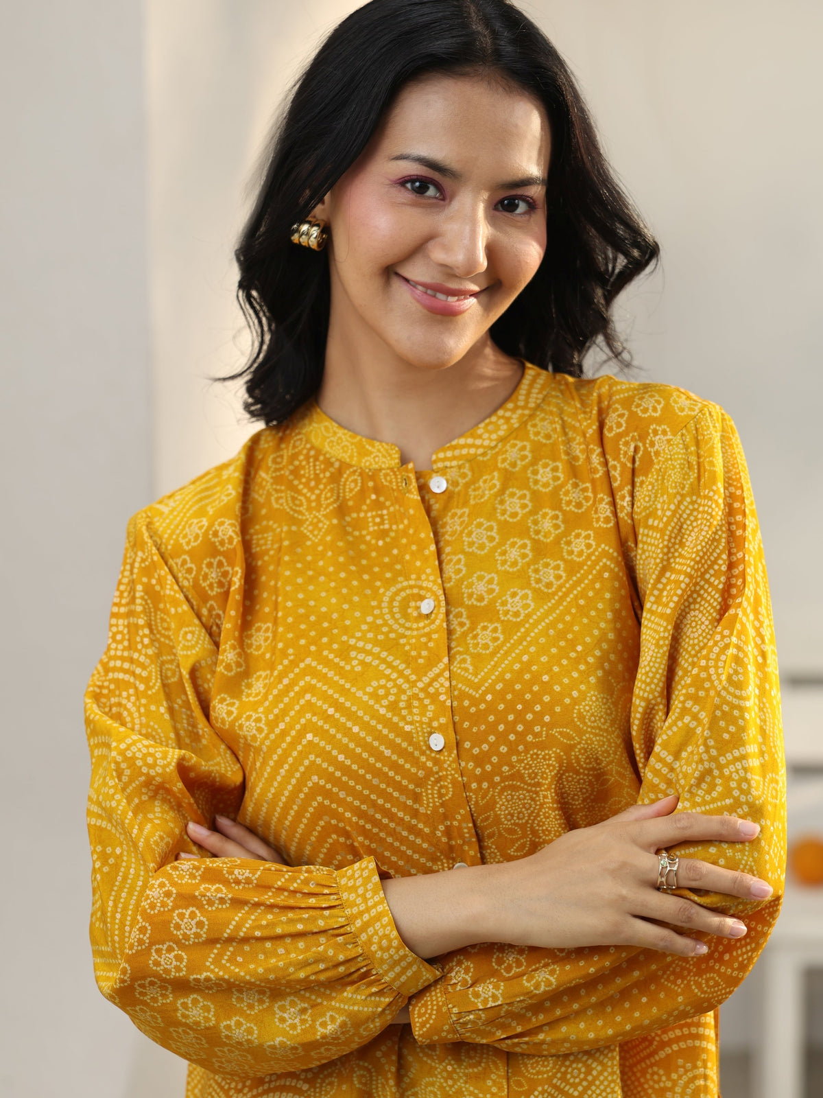 Libas Yellow Bandhani Printed Silk Blend Shirt