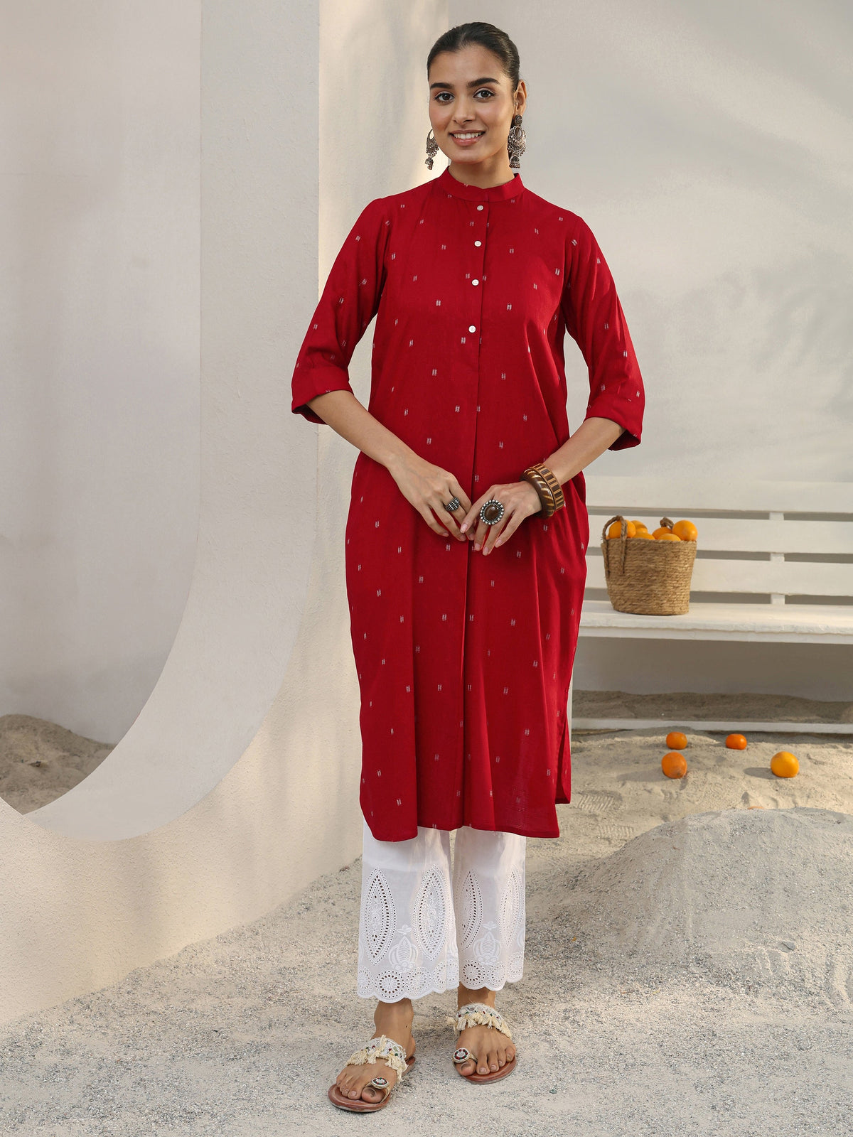 Libas Red Woven Design Rayon Straight Kurta