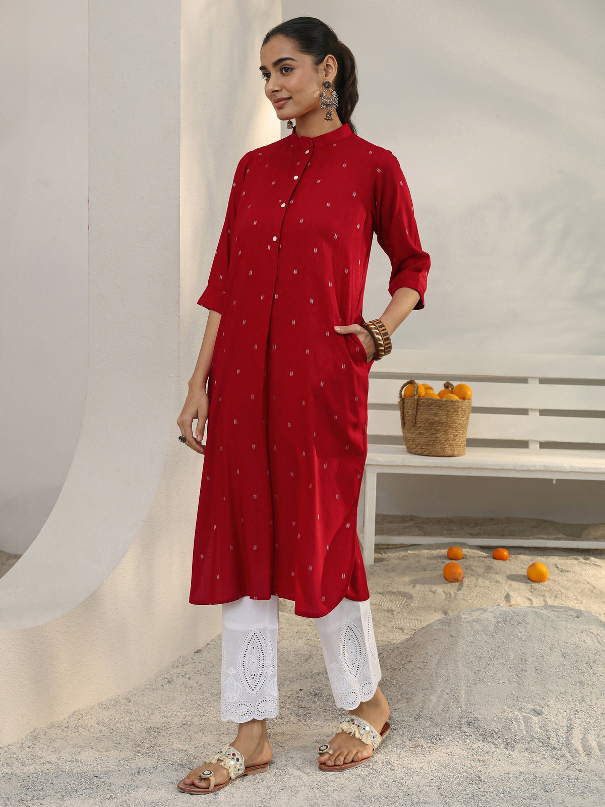 Libas Red Woven Design Rayon Straight Kurta