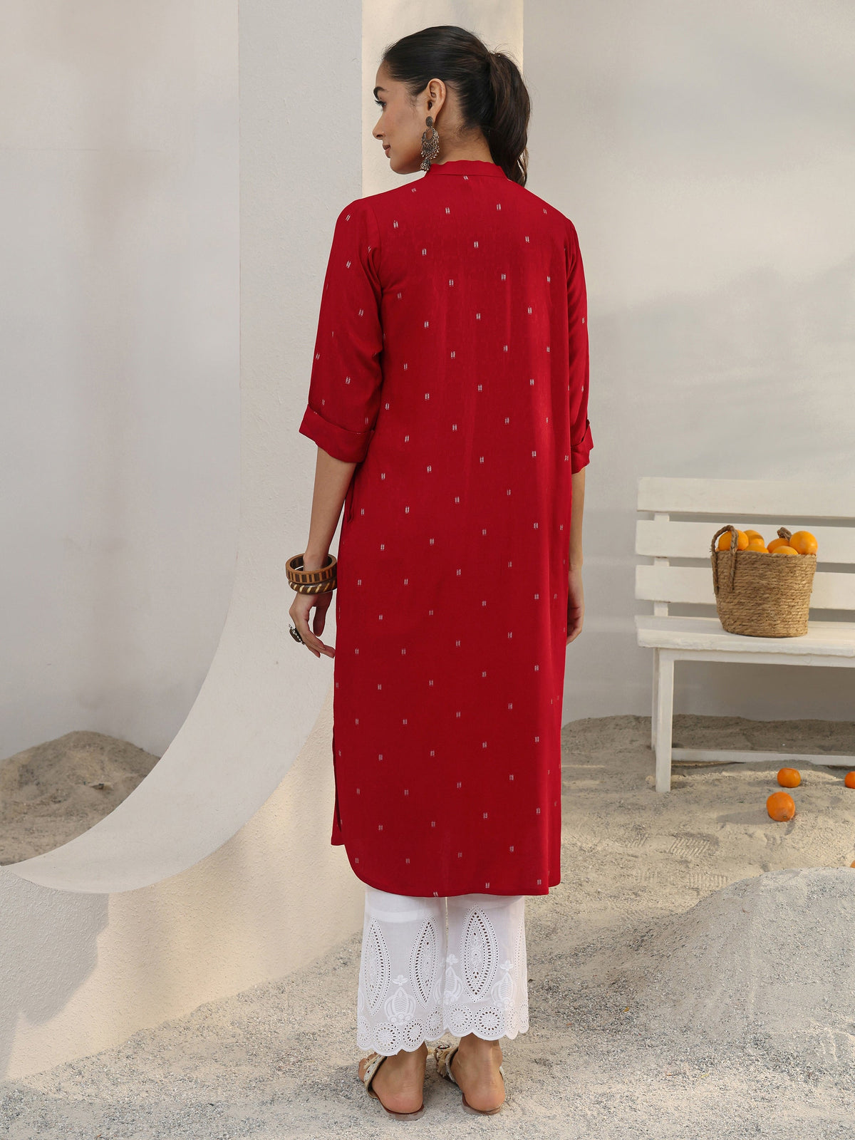 Libas Red Woven Design Rayon Straight Kurta