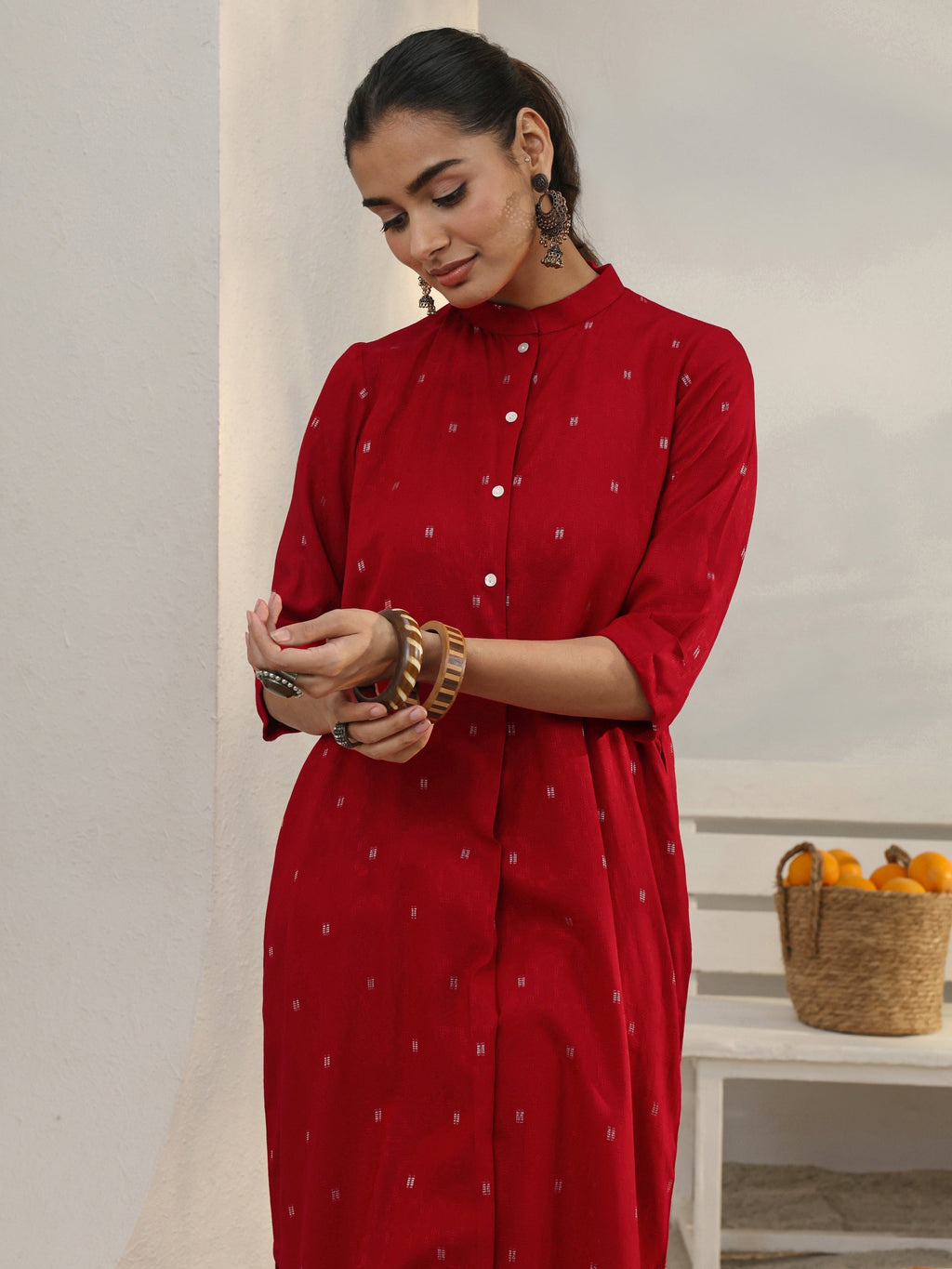 Libas Red Woven Design Rayon Straight Kurta