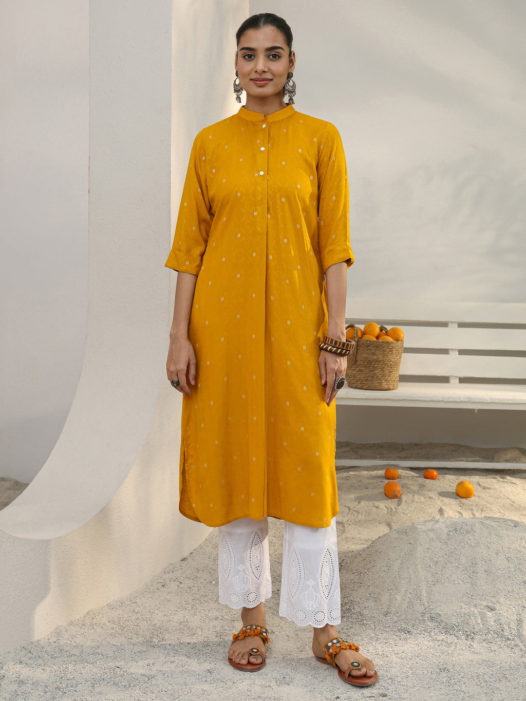 Libas Mustard Woven Design Rayon Straight Kurta
