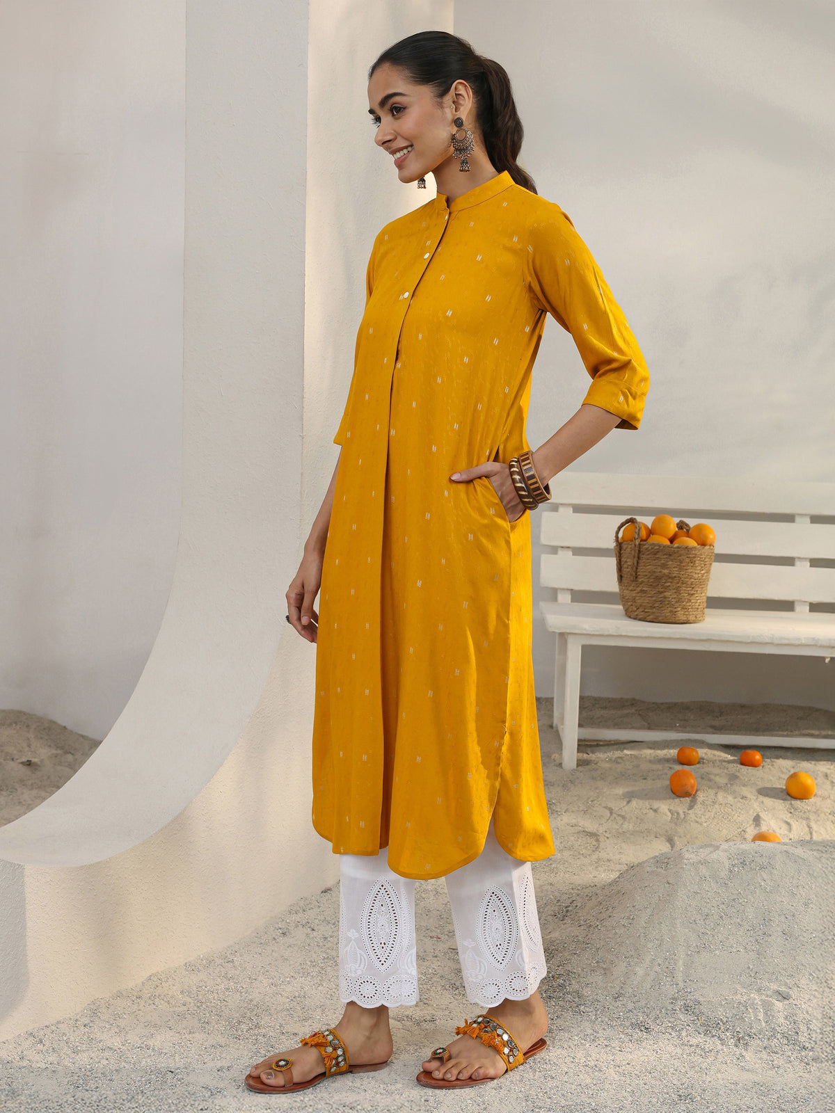 Libas Mustard Woven Design Rayon Straight Kurta
