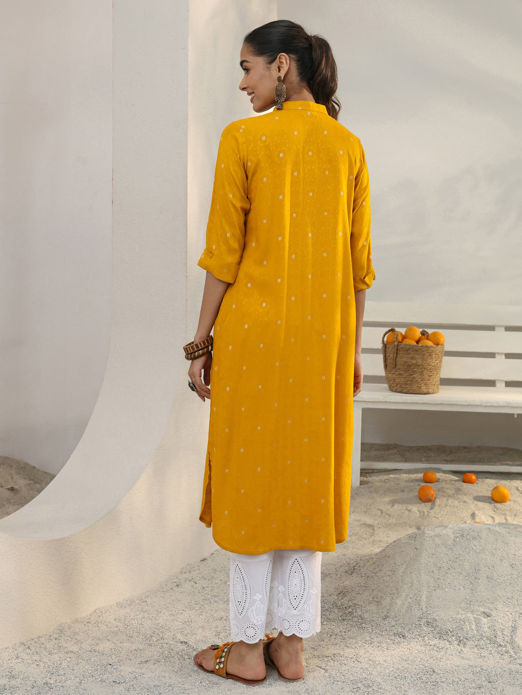 Libas Mustard Woven Design Rayon Straight Kurta