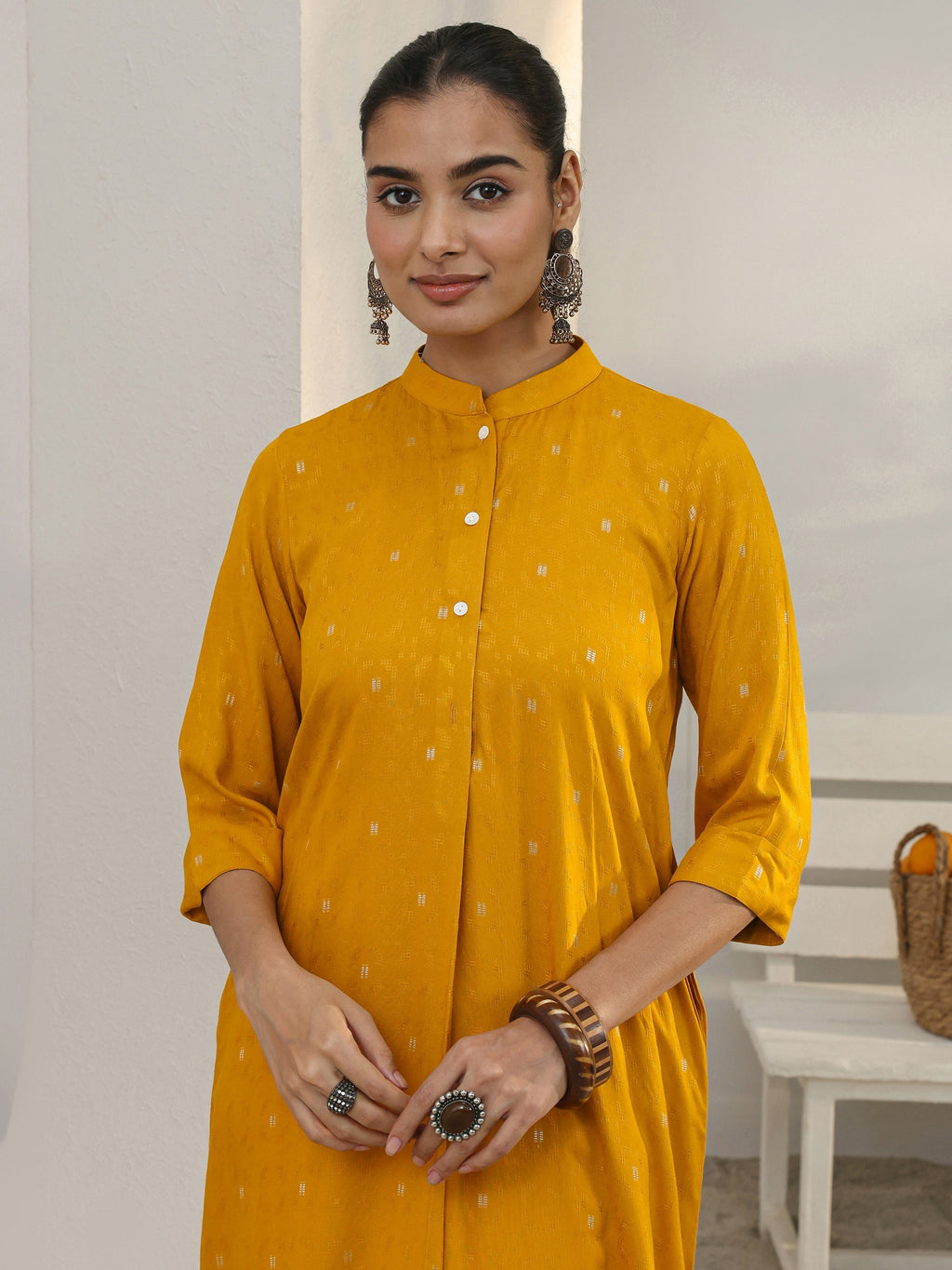 Libas Mustard Woven Design Rayon Straight Kurta