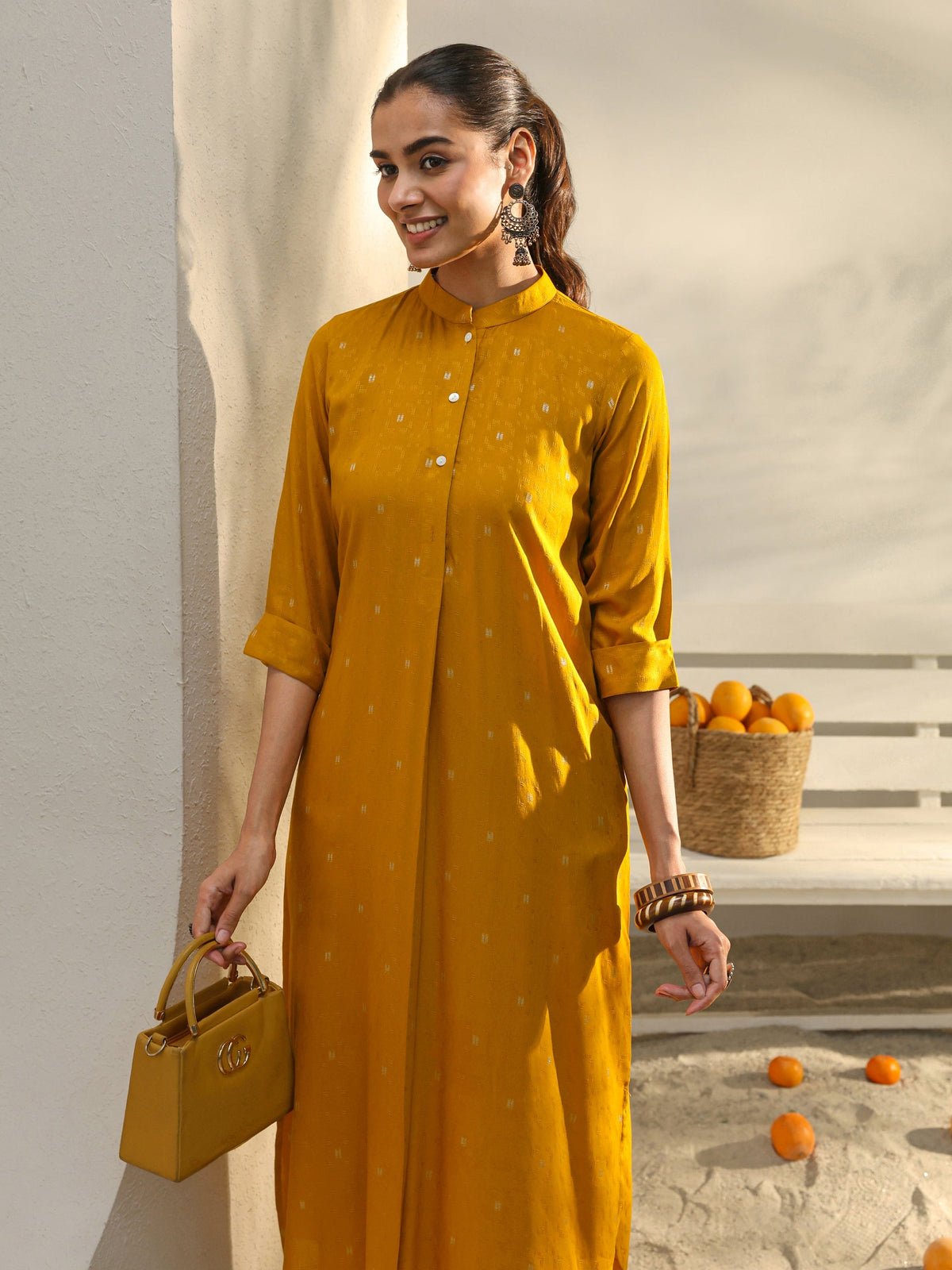 Libas Mustard Woven Design Rayon Straight Kurta