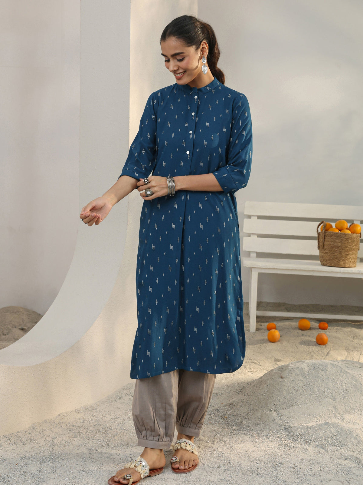 Libas Blue Woven Design Rayon Straight Kurta